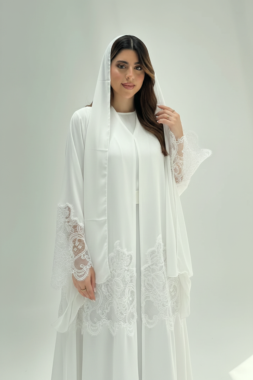 C 2174-02 White Dantel Eid Abaya