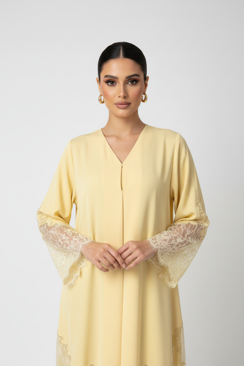 C 2177-01 Light Yellow Dantel Abaya