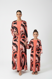 C 2180 Coral Pink Printed Kids Abaya
