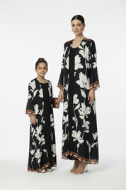 C 2182 Black White Floral Printed Kids Abaya