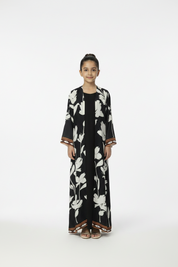 C 2182 Black White Floral Printed Kids Abaya