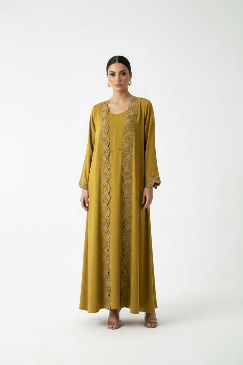 C 2185 Mustard Lace Abaya