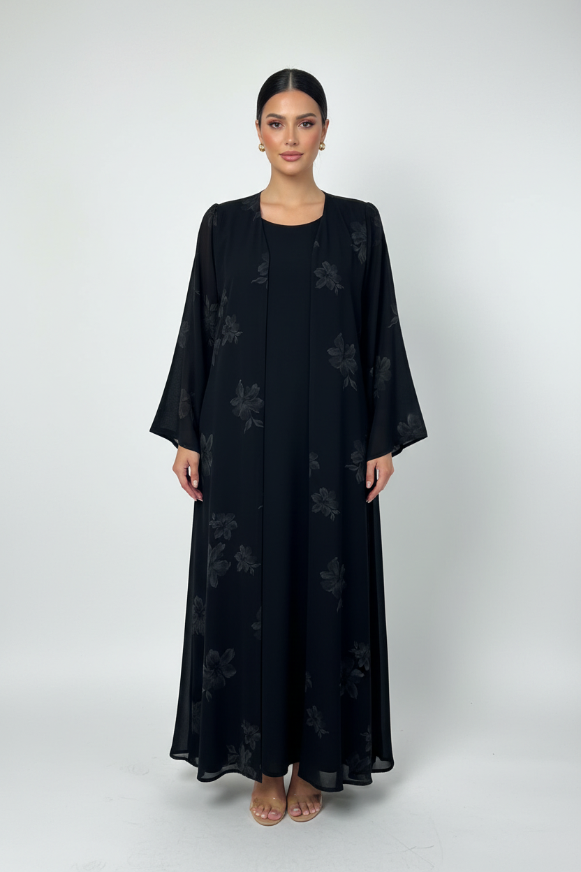C 2186-01  Black Silver Floral Printed Abaya