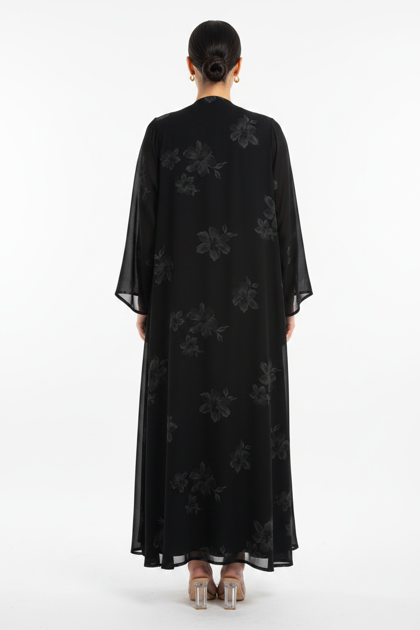 C 2186-01  Black Silver Floral Printed Abaya
