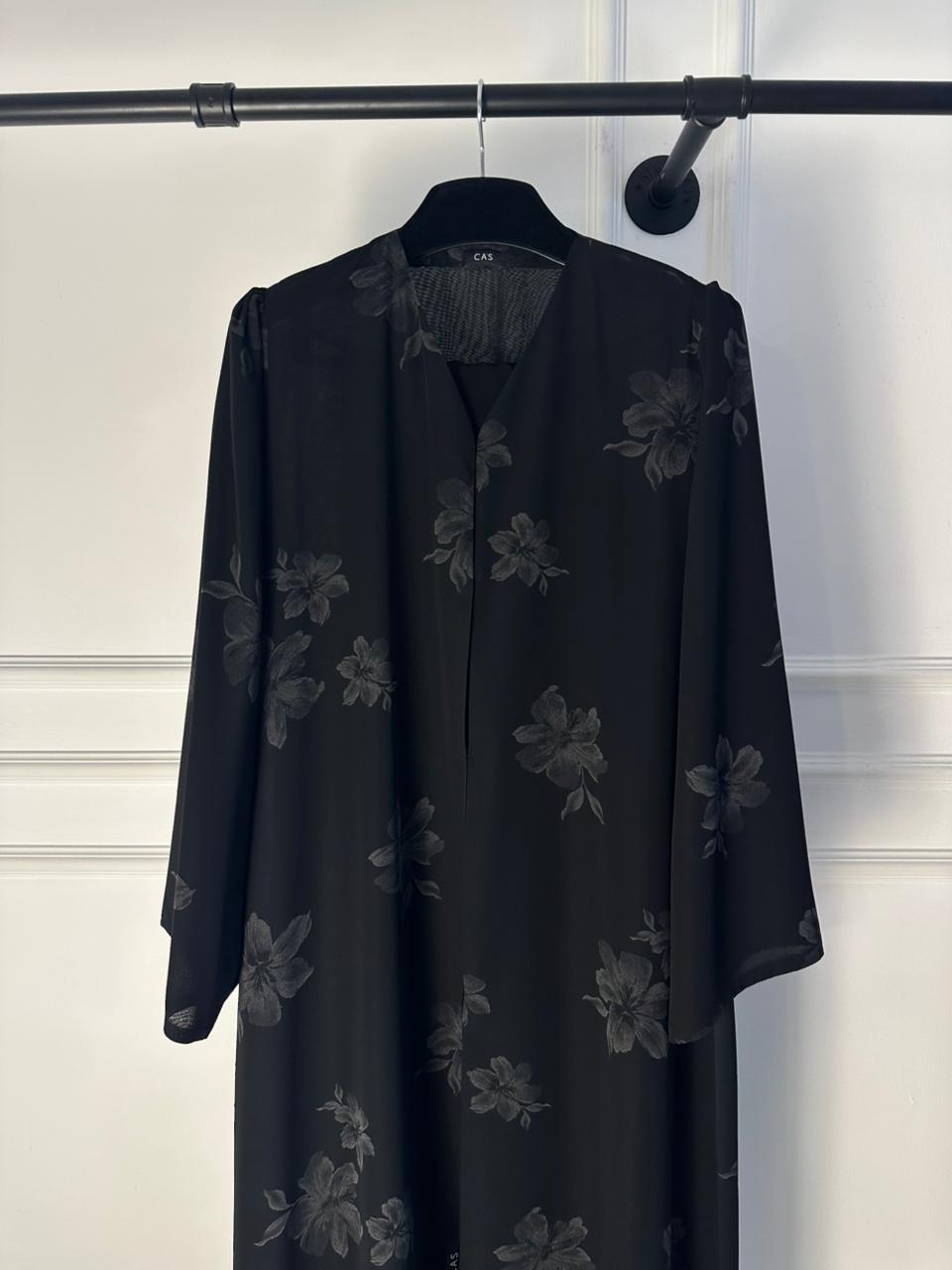 C 2186-01  Black Silver Floral Printed Abaya
