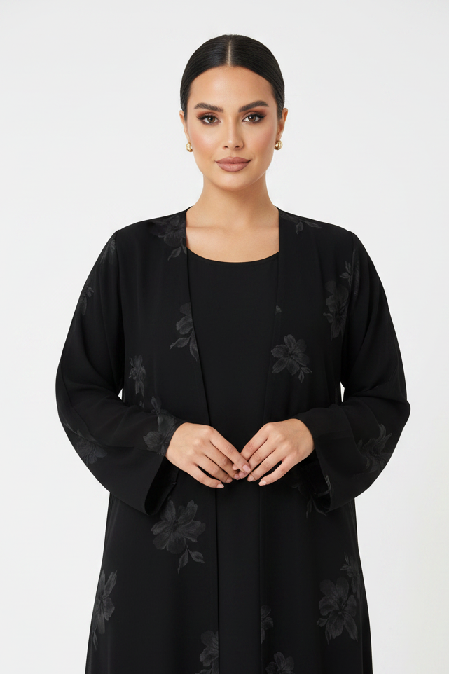 C 2186-01  Black Silver Floral Printed Abaya