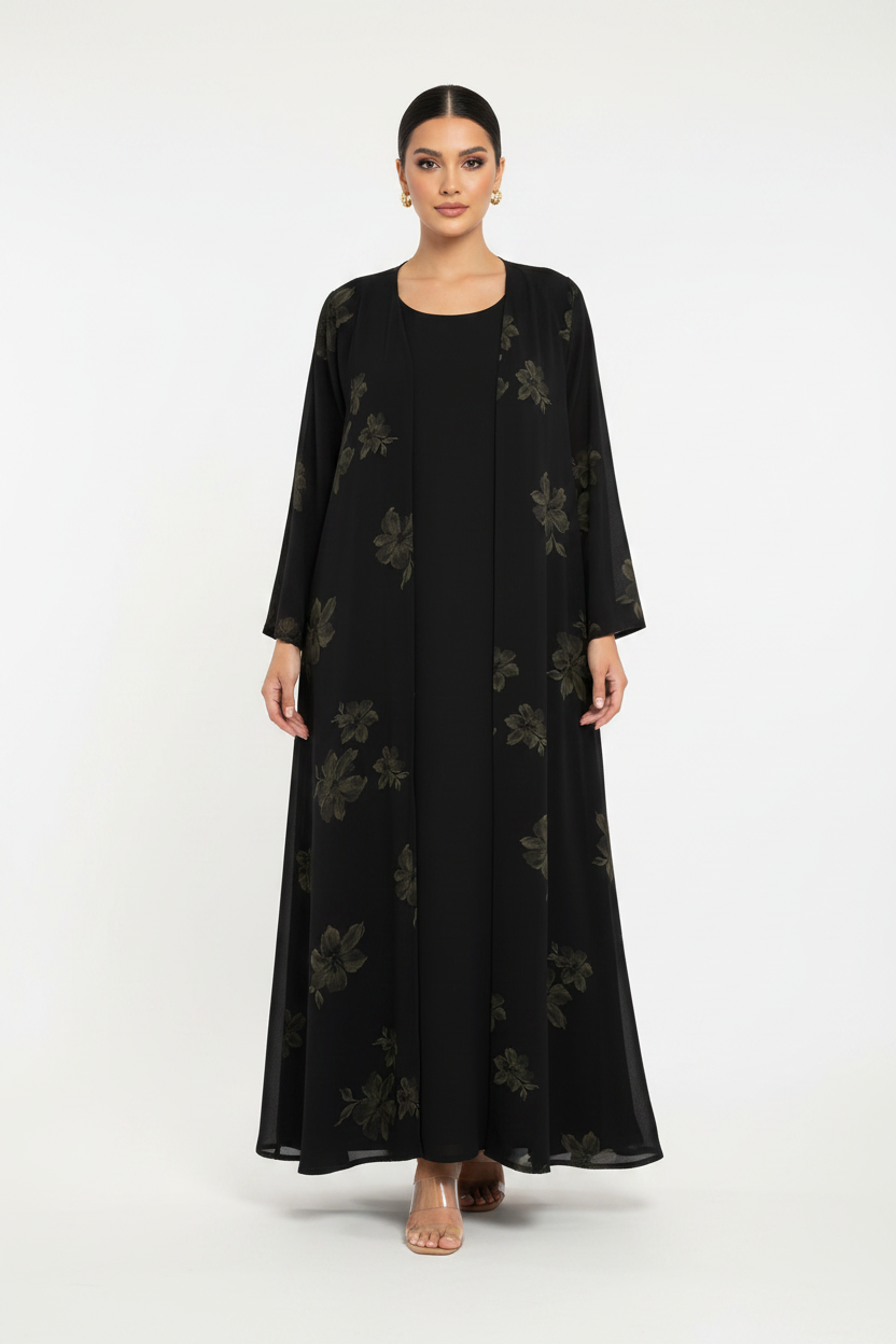 C 2186-02 Black Gold Floral Printed Abaya