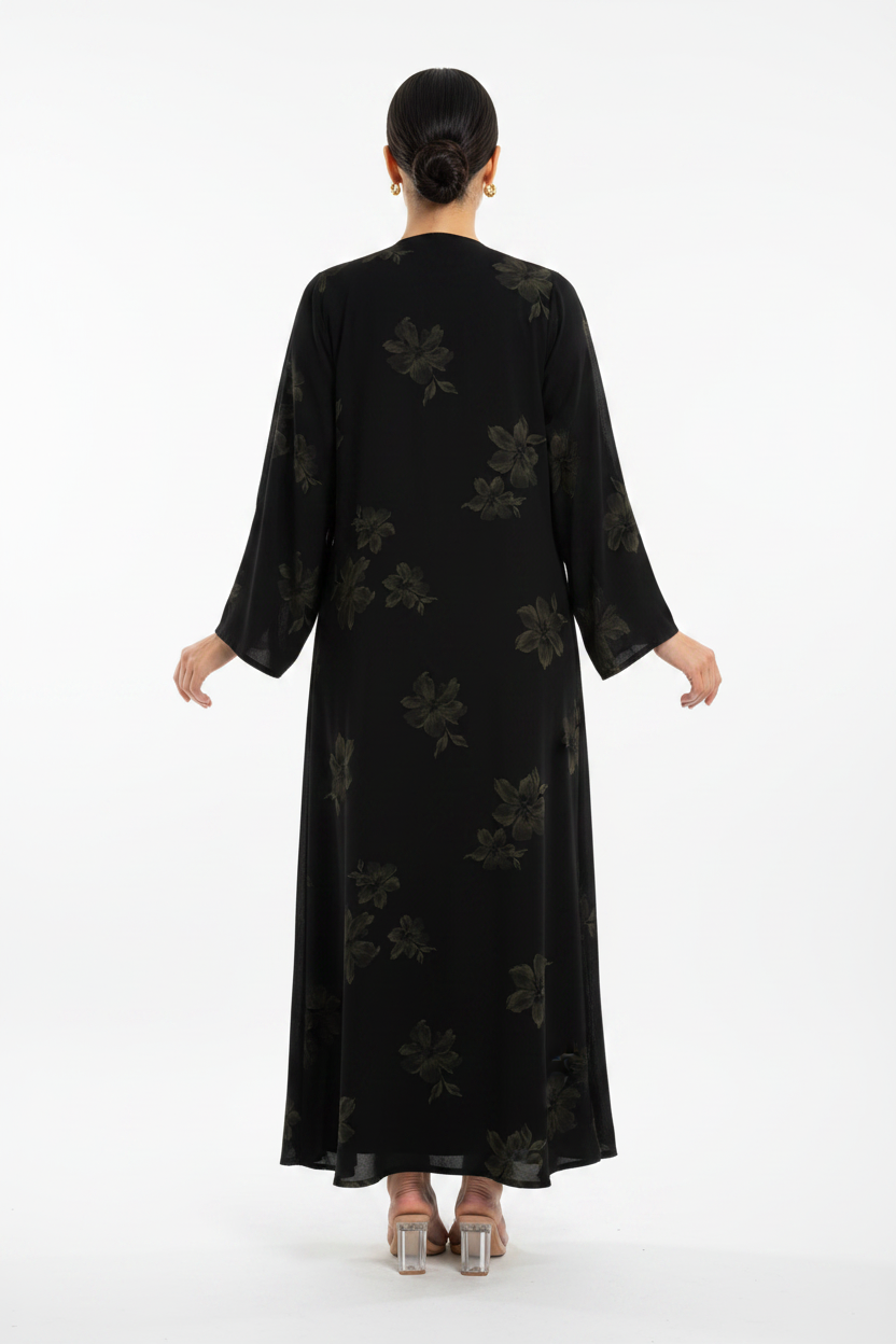 C 2186-02 Black Gold Floral Printed Abaya