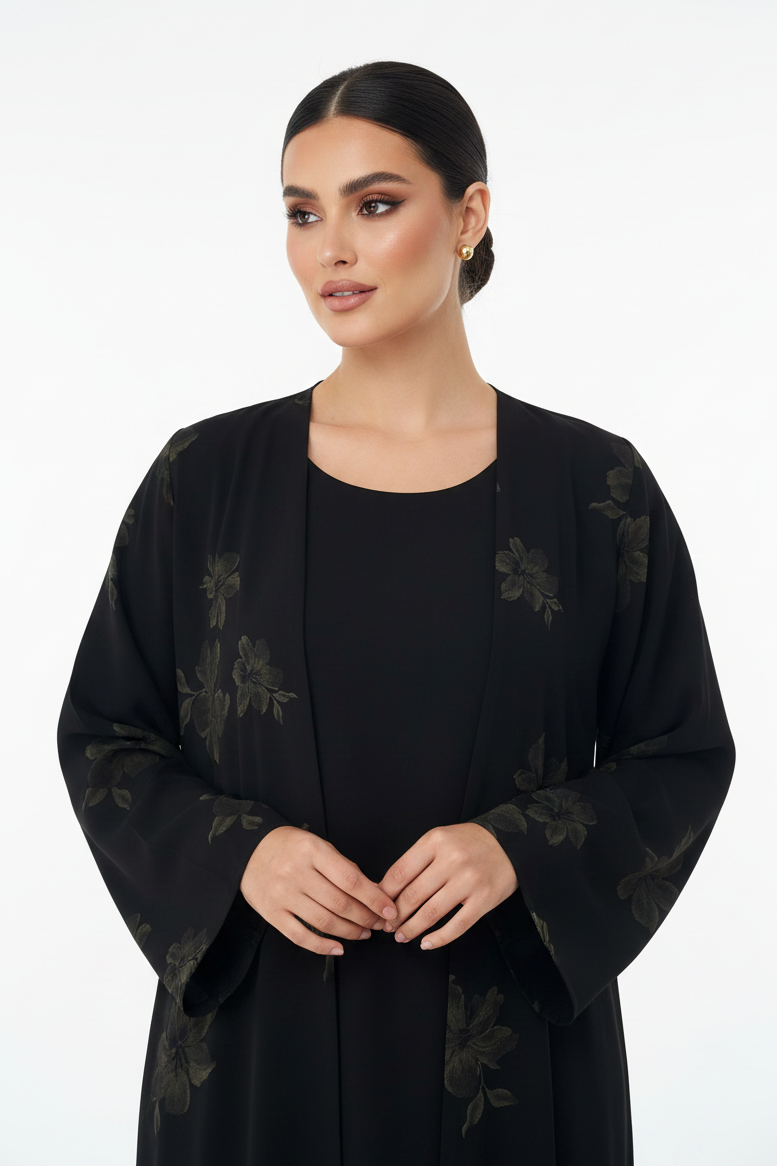 C 2186-02 Black Gold Floral Printed Abaya