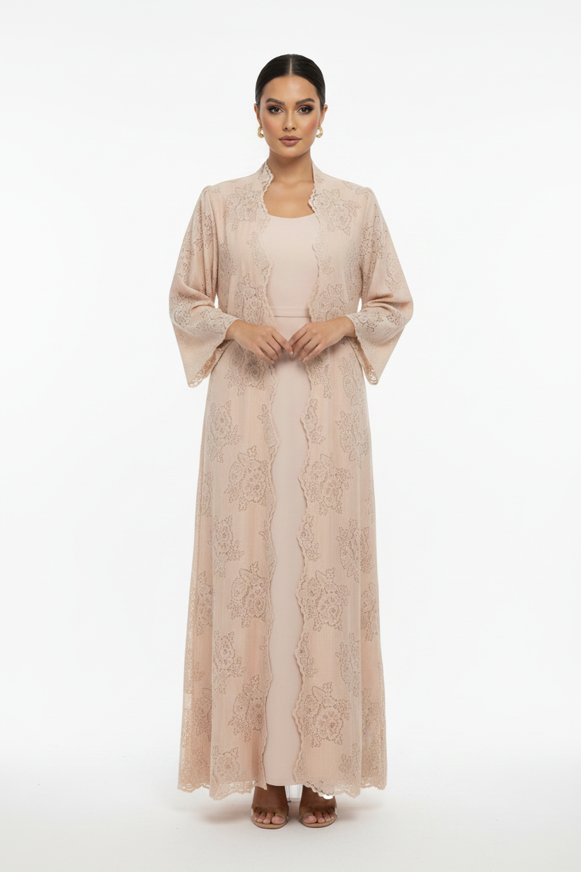 C 2187-01 Peach Pink Dantel Abaya