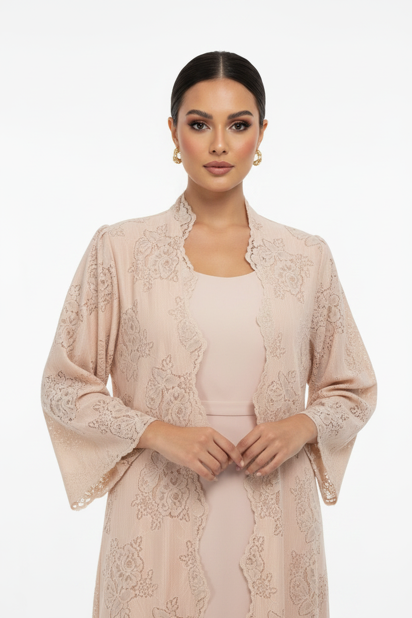 C 2187-01 Peach Pink Dantel Abaya
