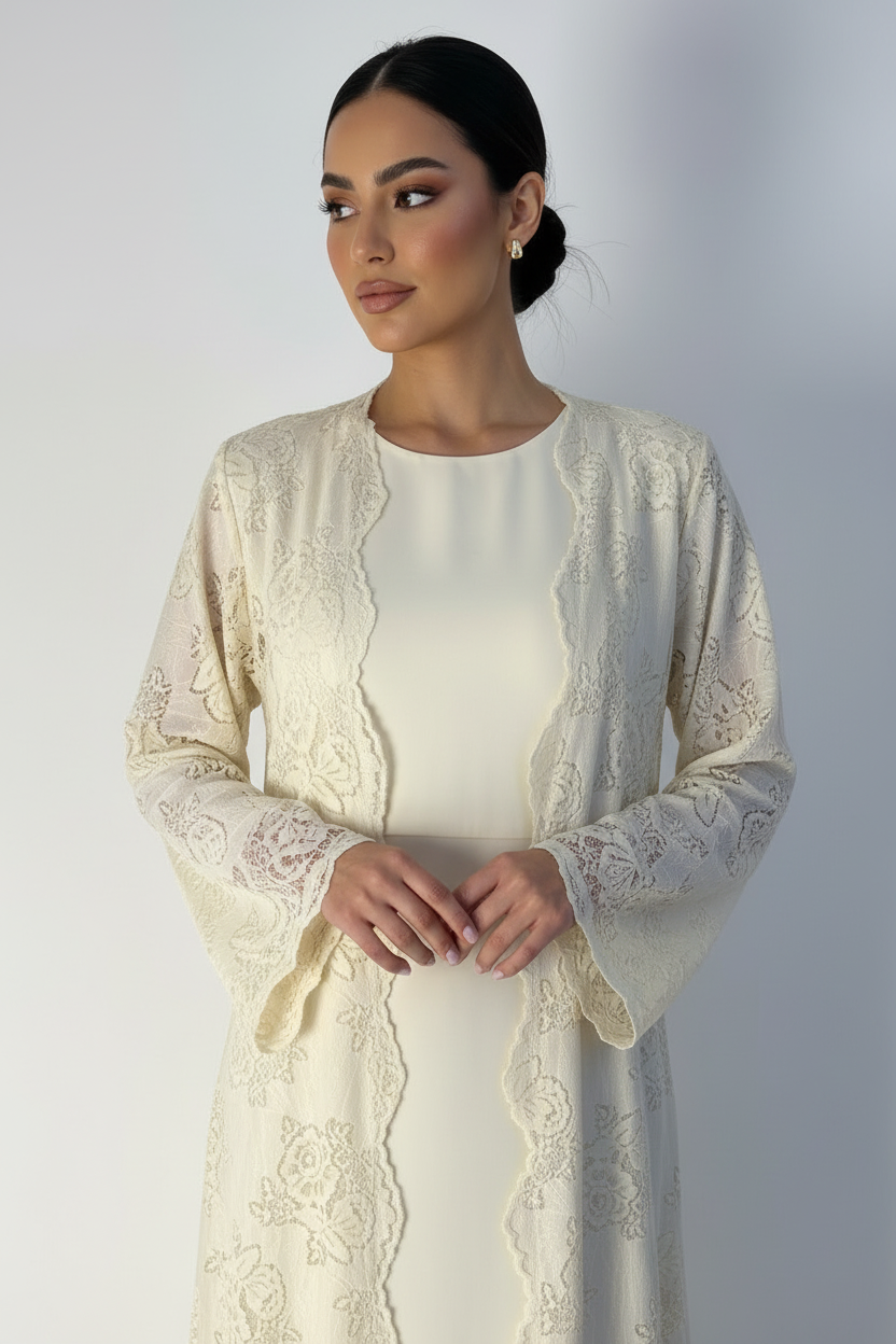 C 2187-05 Cream Dantel Abaya