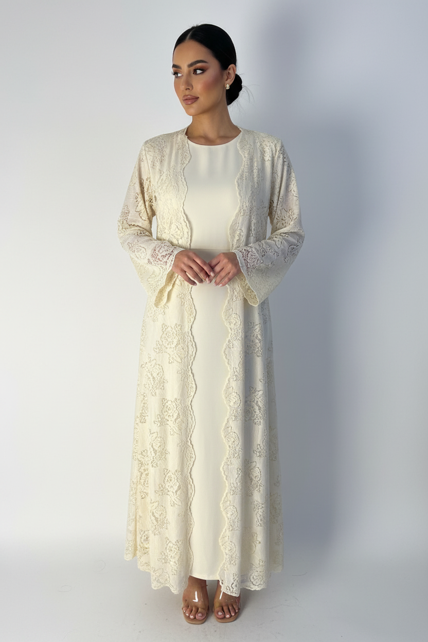 C 2187-05 Cream Dantel Abaya