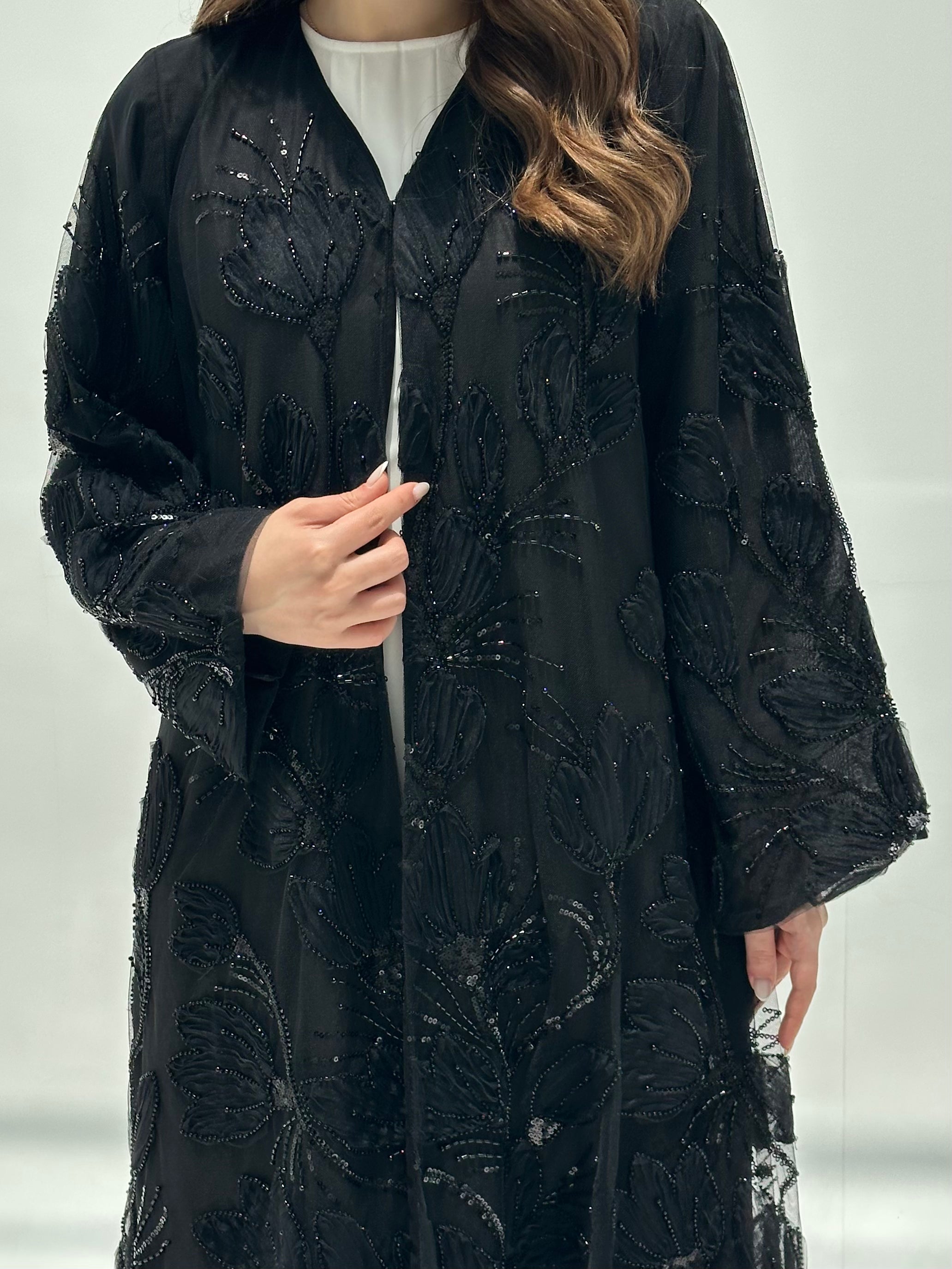 C 2200 Black Beaded Dantel Abaya
