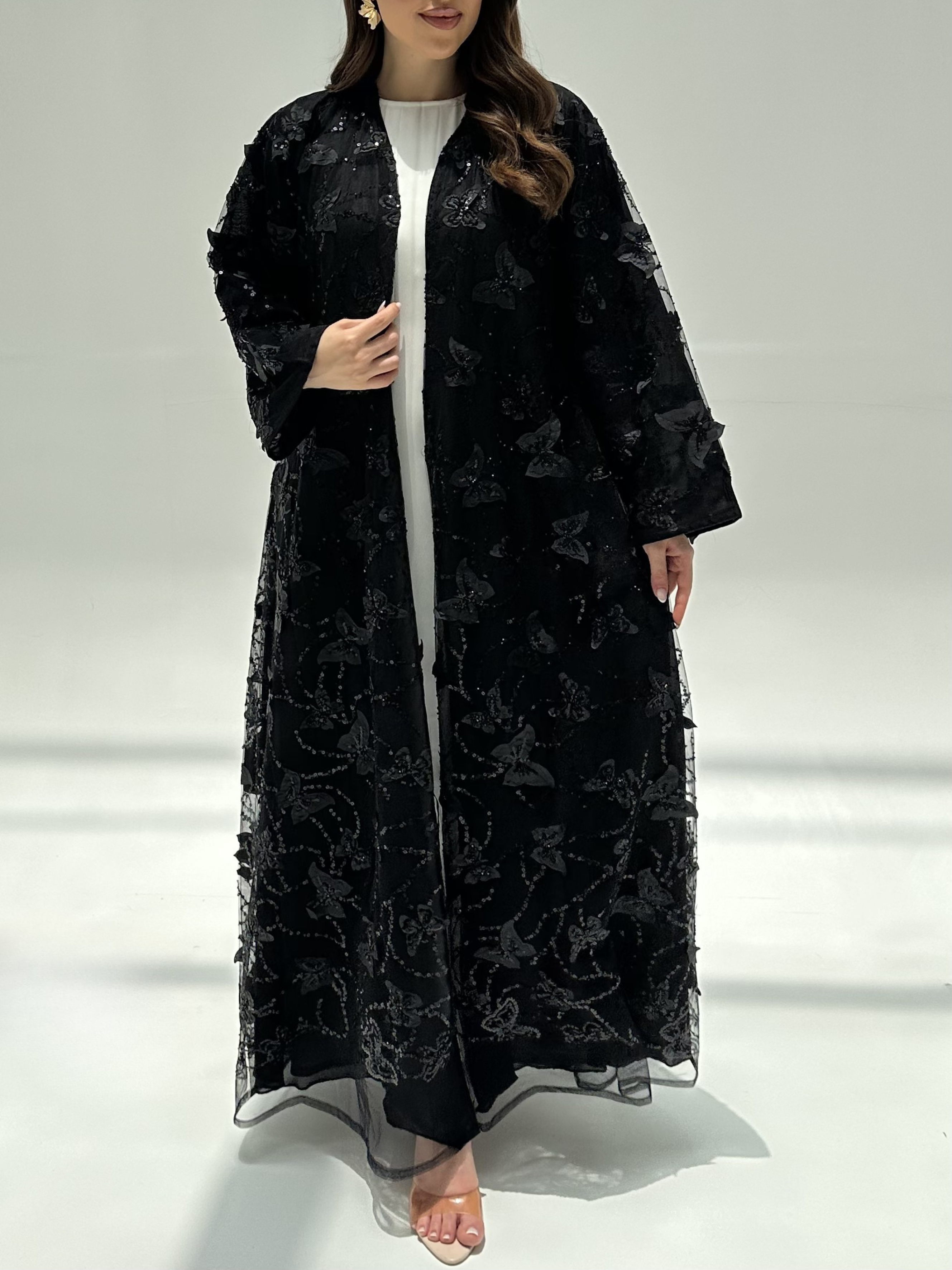 C 2201 Black Butterfly Beaded Dantel Abaya