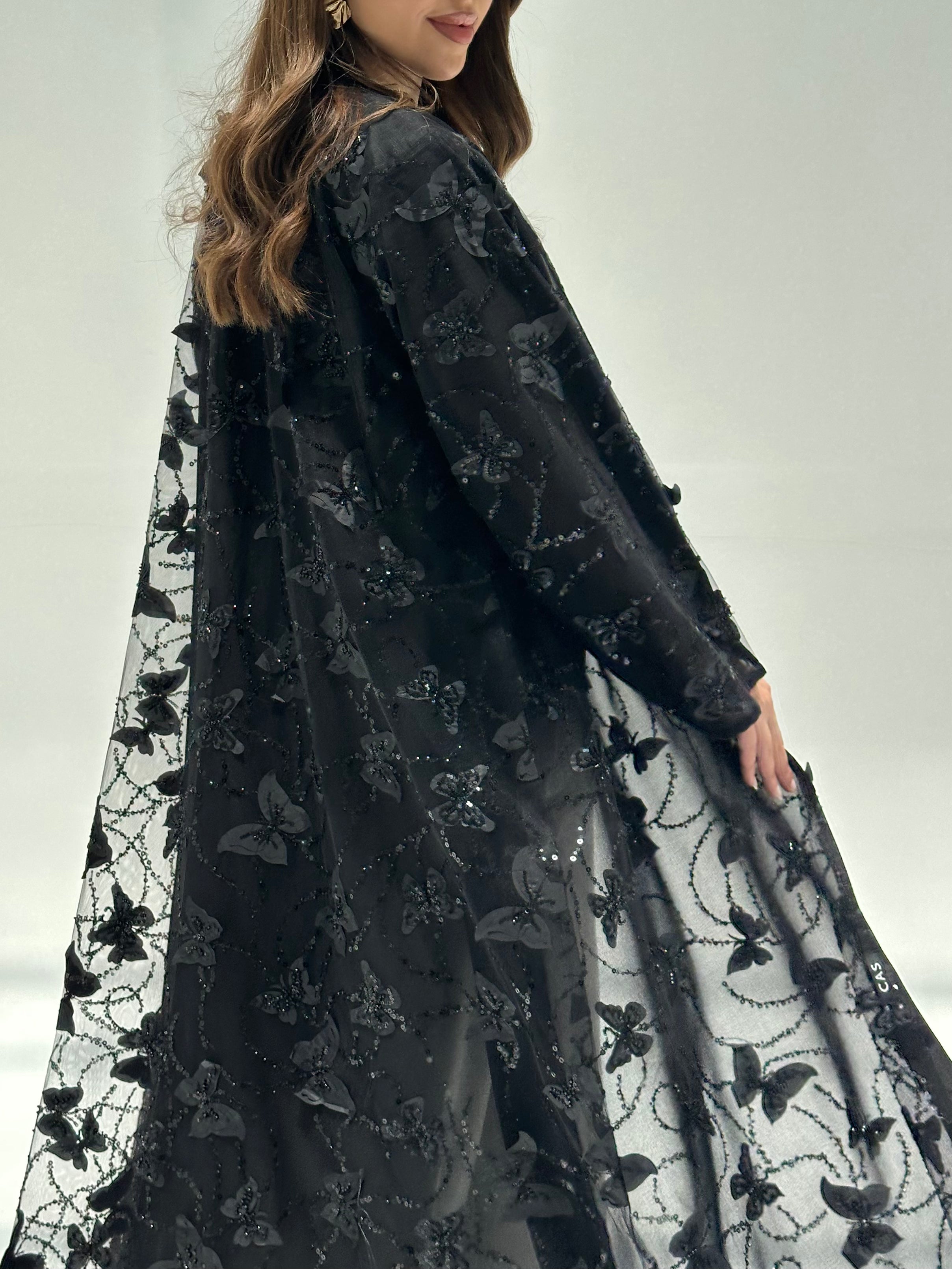 C 2201 Black Butterfly Beaded Dantel Abaya