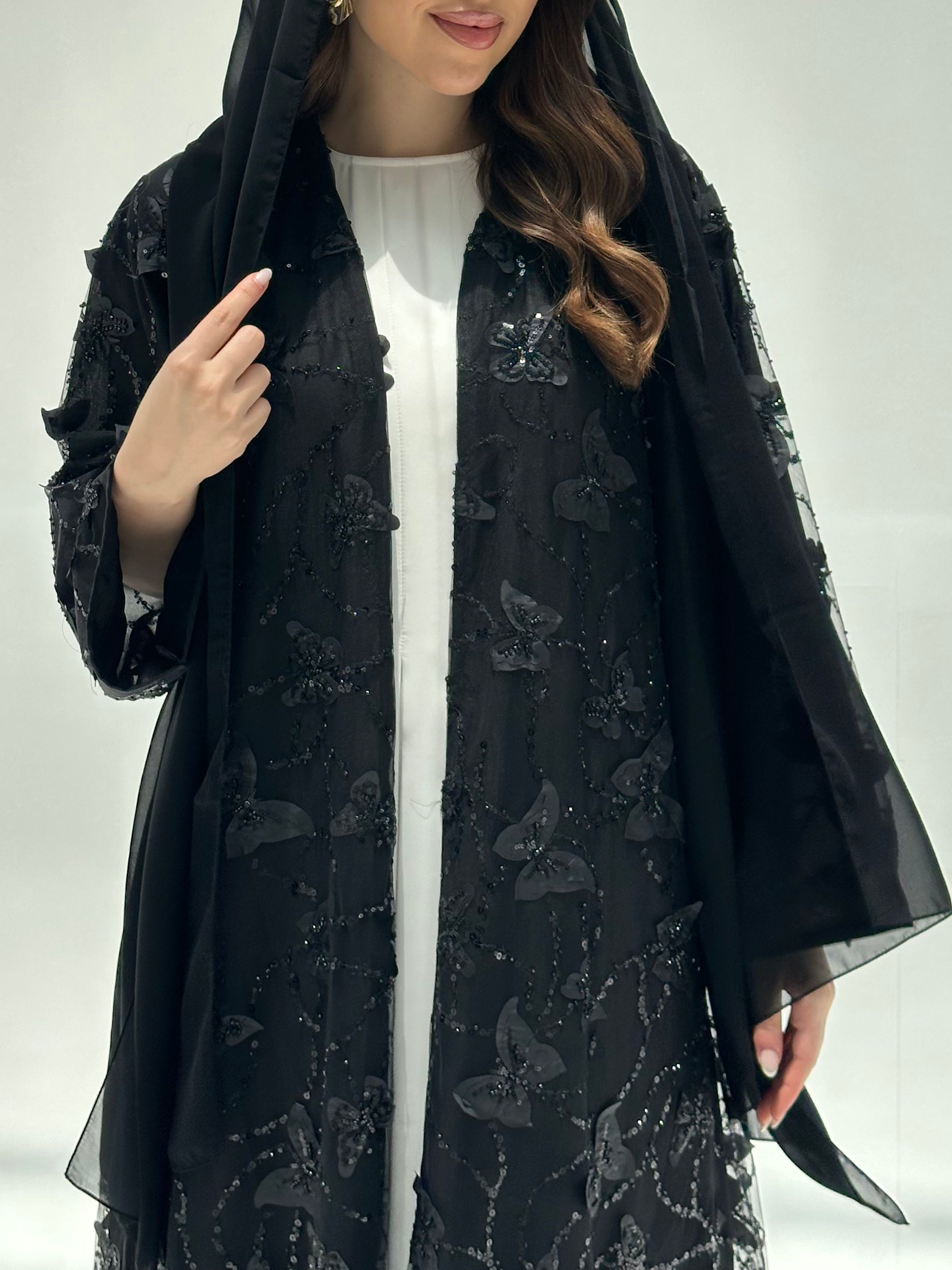 C 2201 Black Butterfly Beaded Dantel Abaya