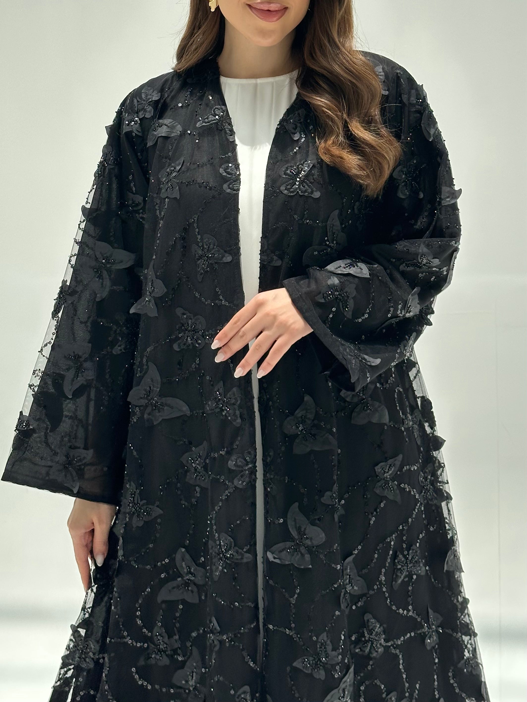 C 2201 Black Butterfly Beaded Dantel Abaya
