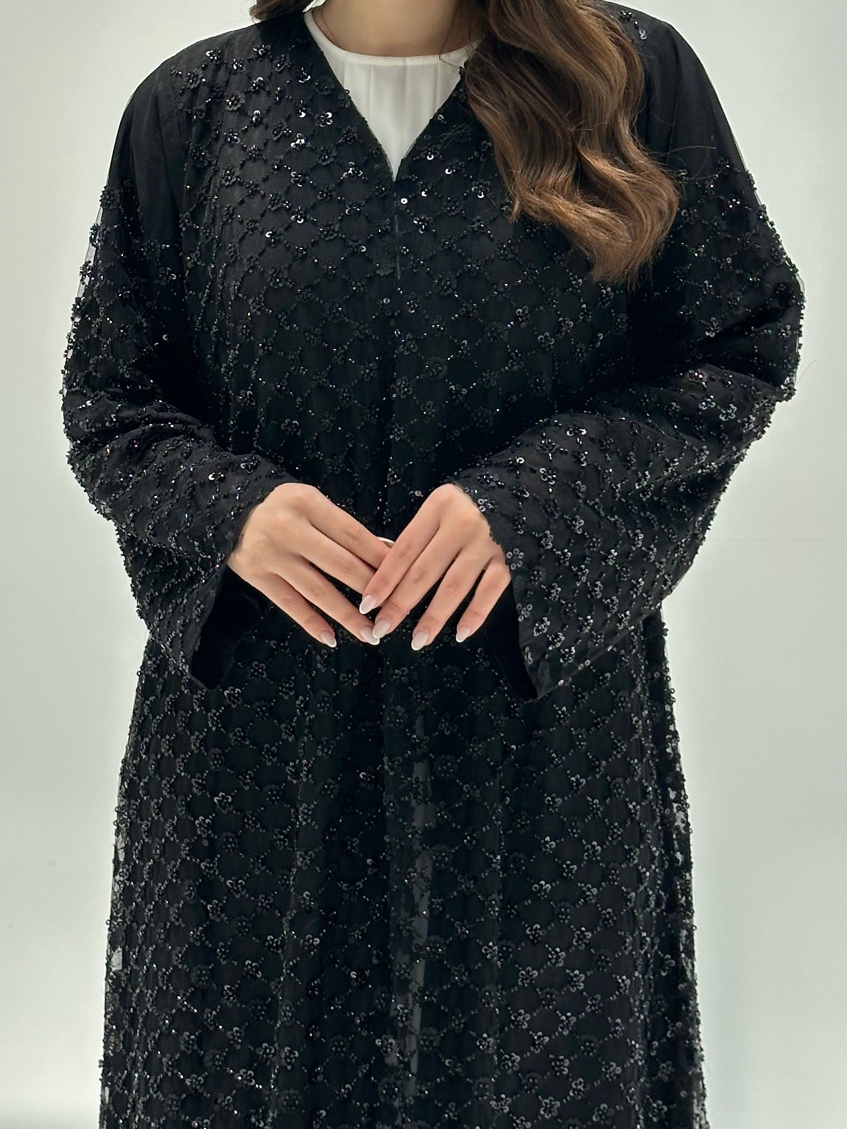 C 2203 Black Beaded Dantel Abaya