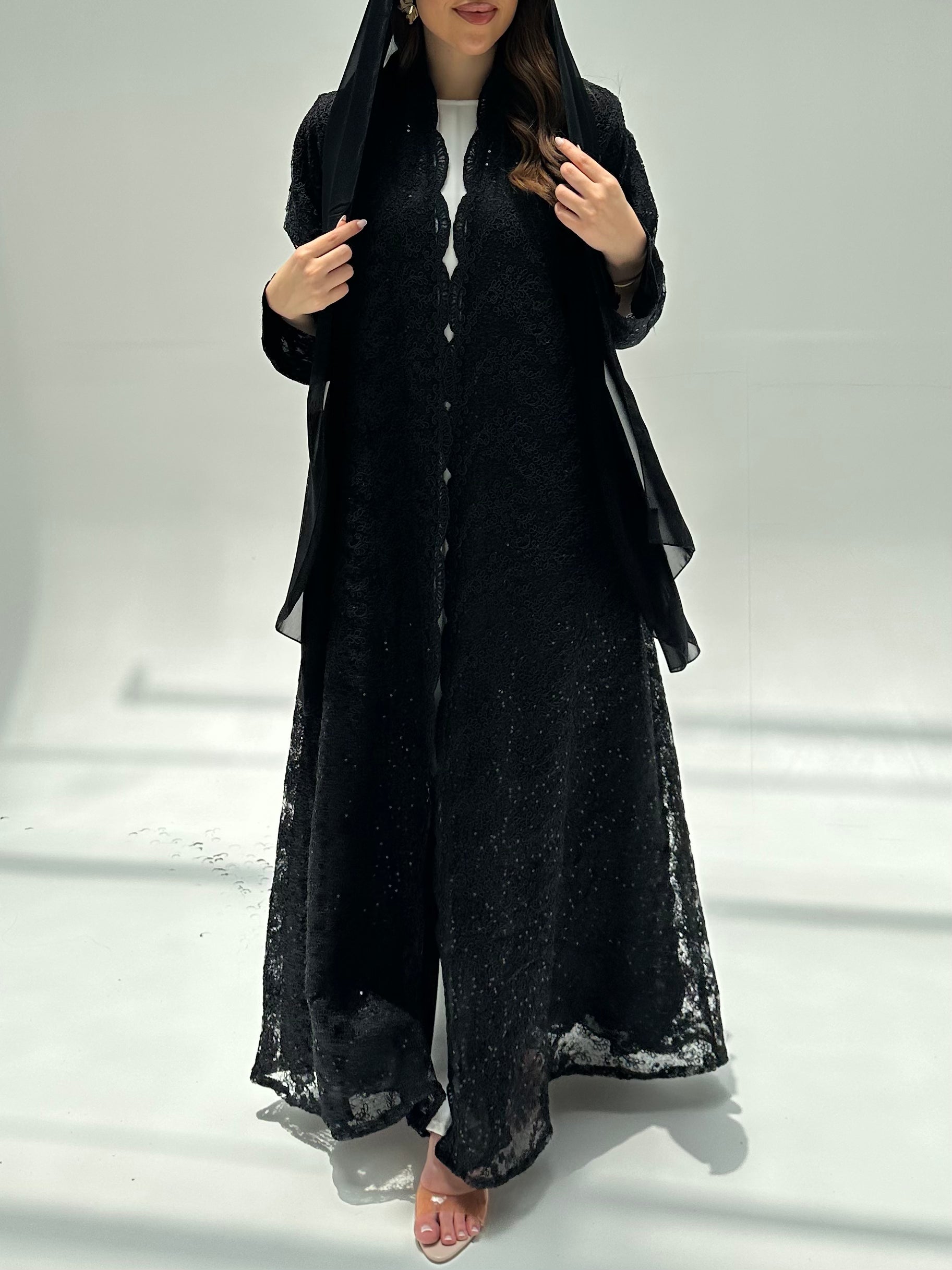 C 2204 Black Sequin Dantel Abaya