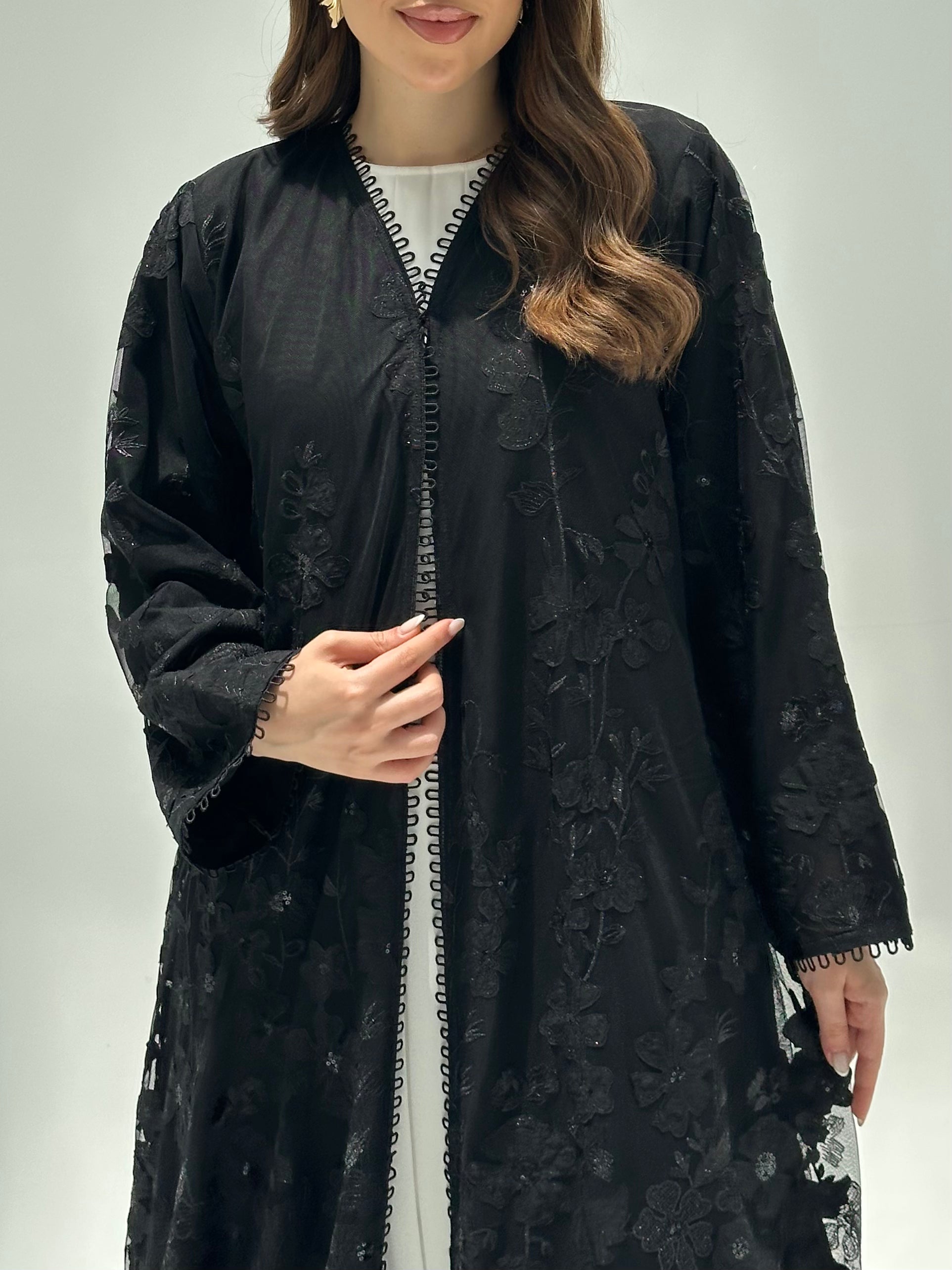 C 2211 Black Floral Dantel Abaya