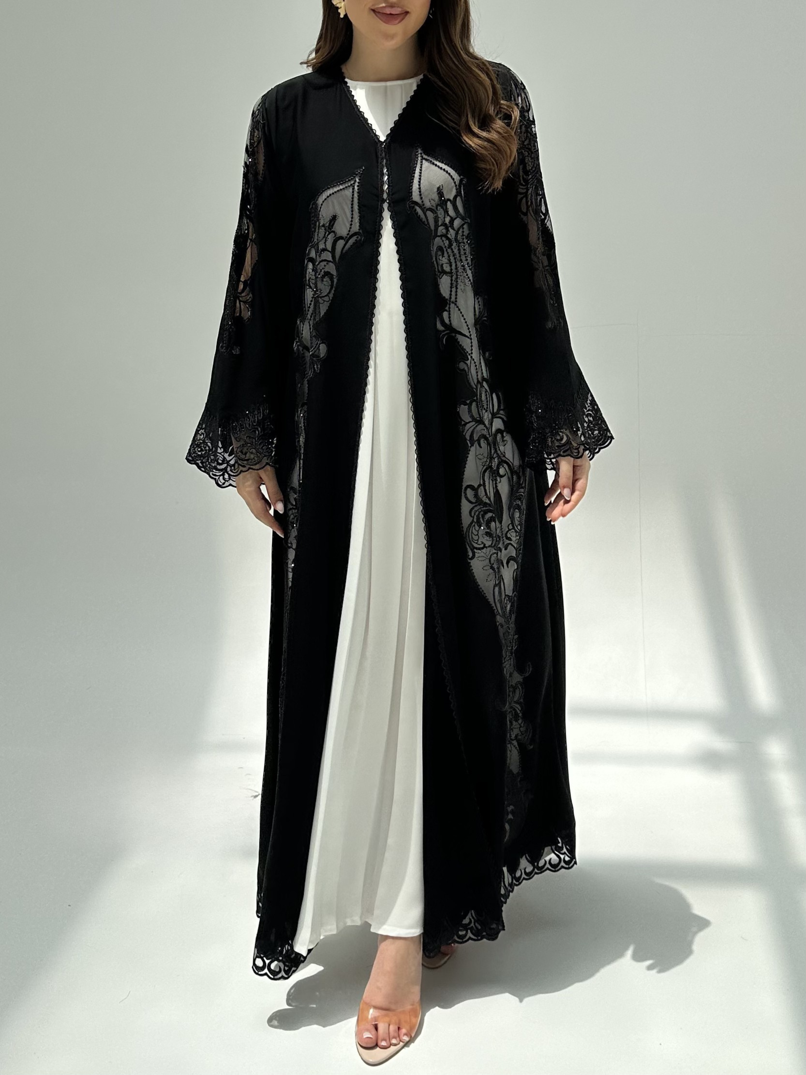 C 2212 Black Crystal Dantel Abaya