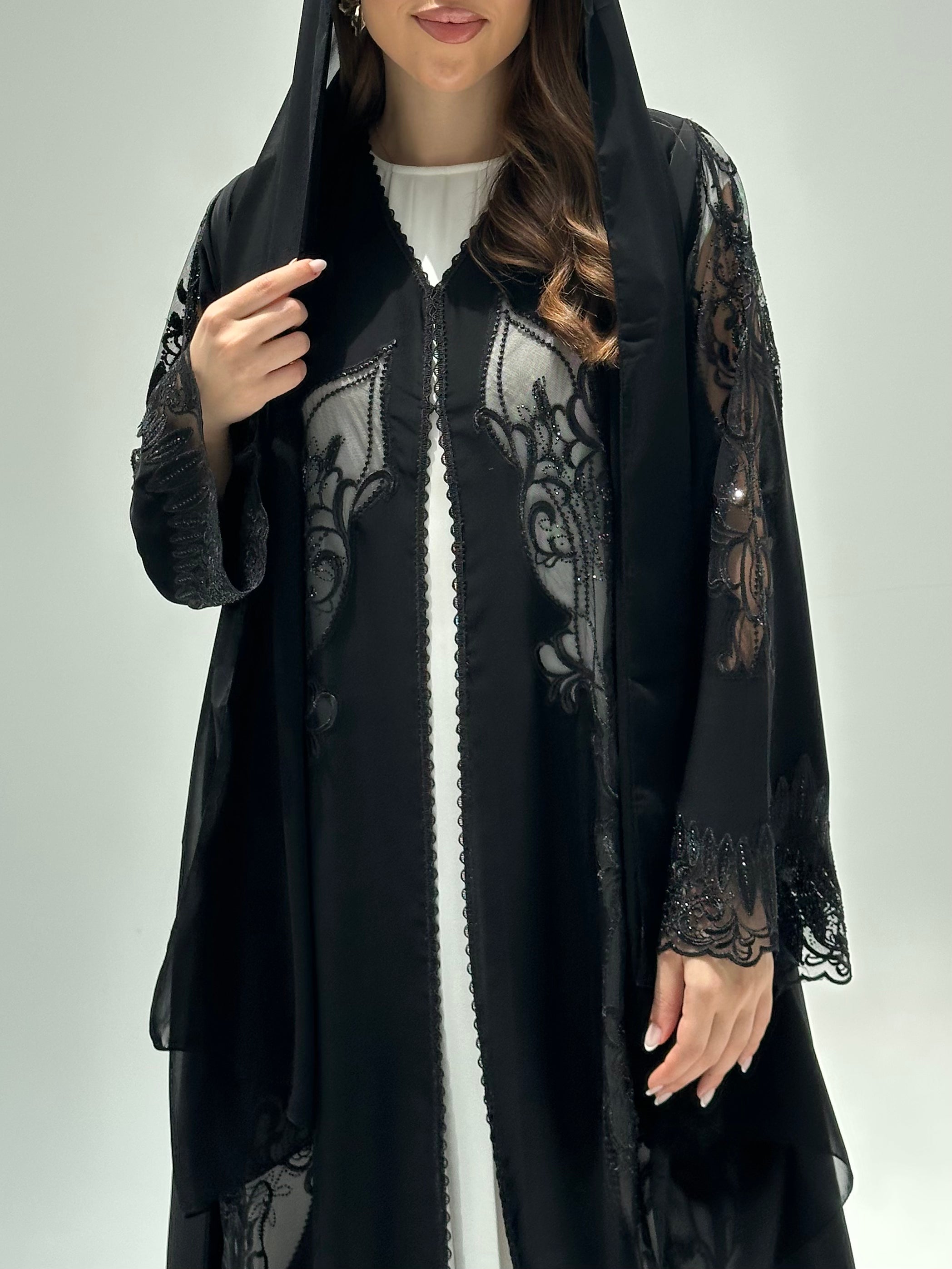 C 2212 Black Crystal Dantel Abaya