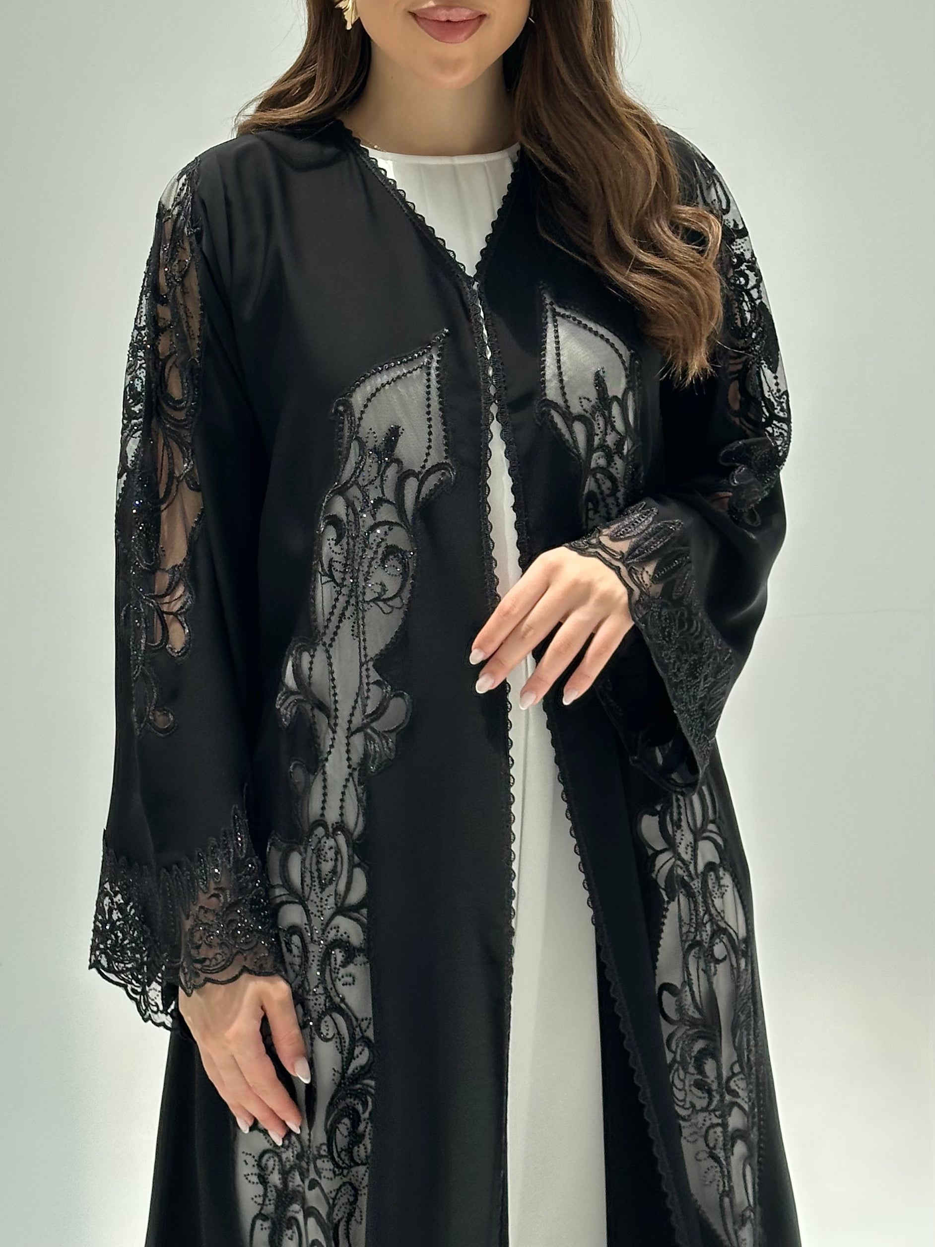 C 2212 Black Crystal Dantel Abaya