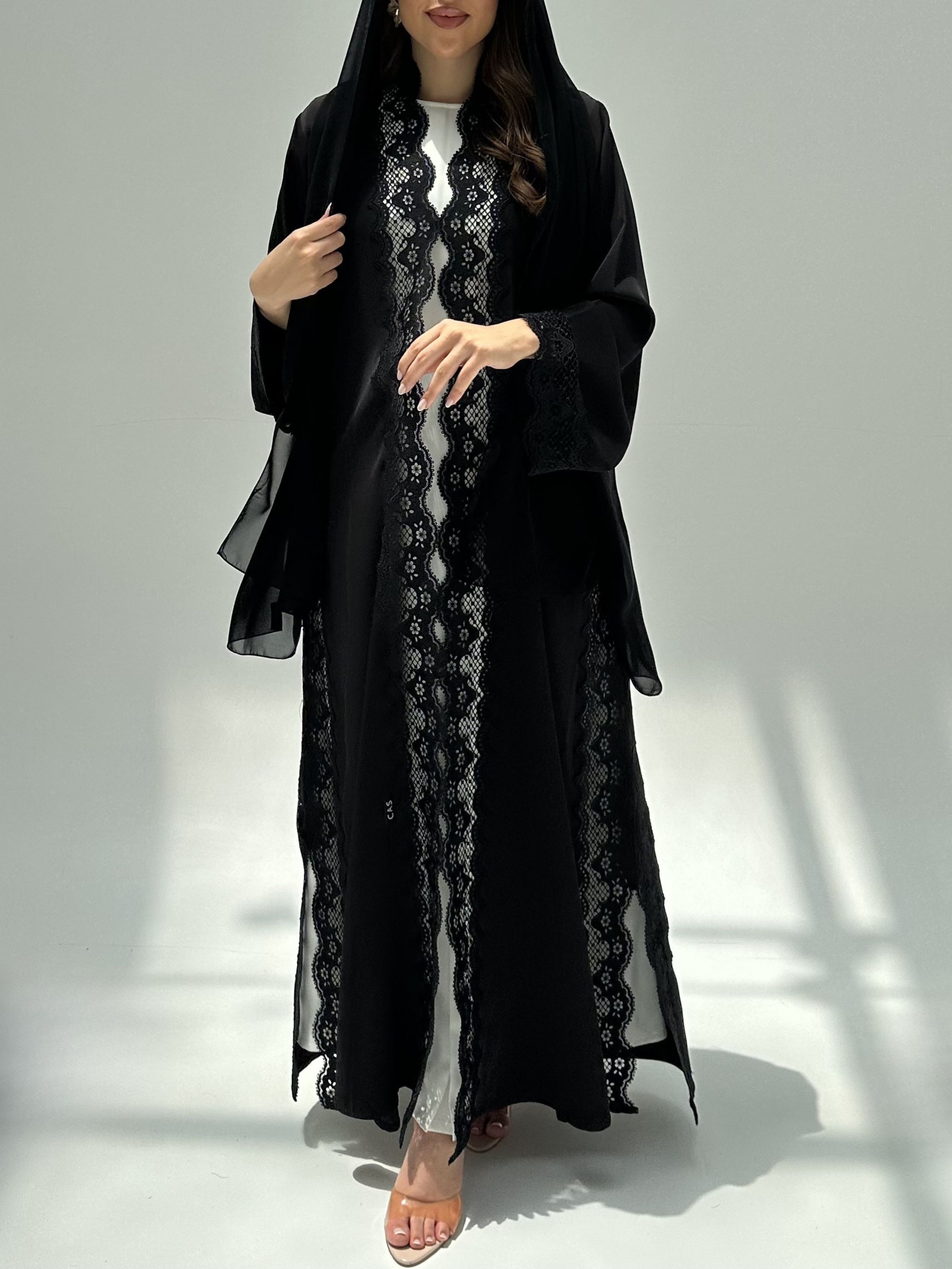 C 2215 Black Floral Lace Abaya