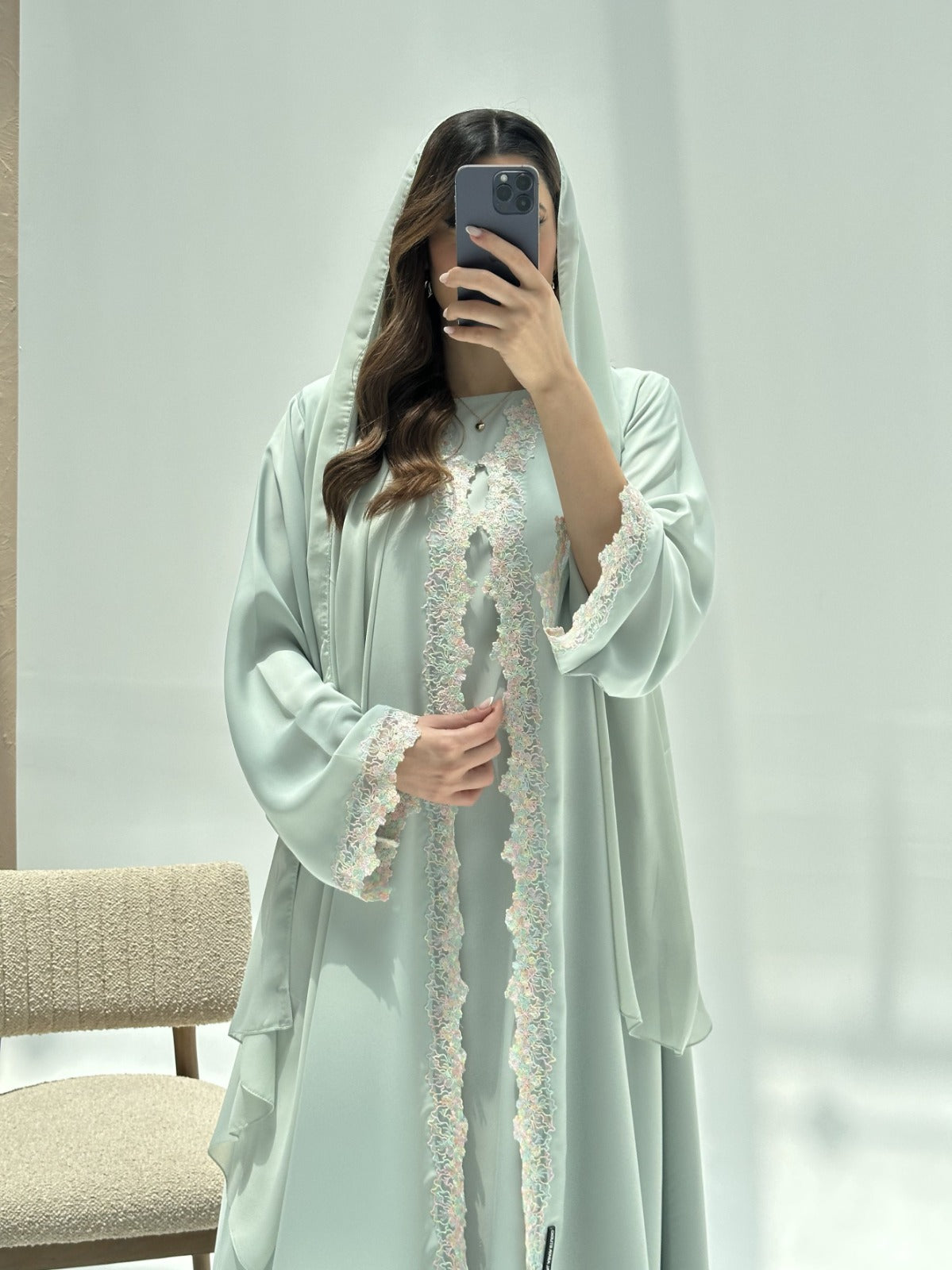 C 2225 Light Turquoise Lace Abaya