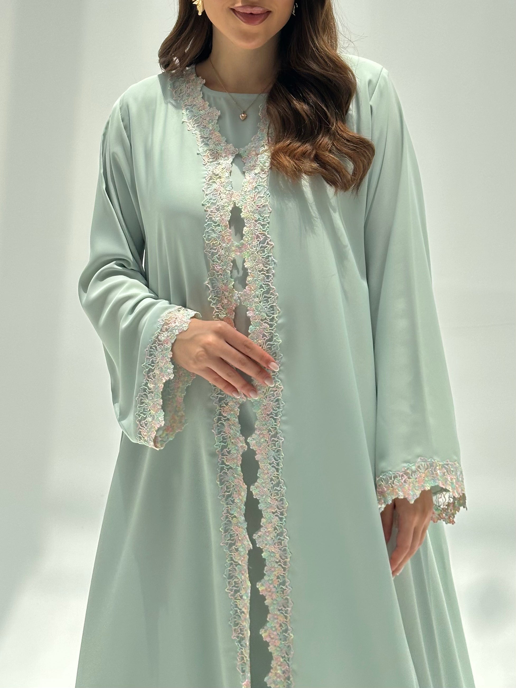 C 2225 Light Turquoise Lace Abaya