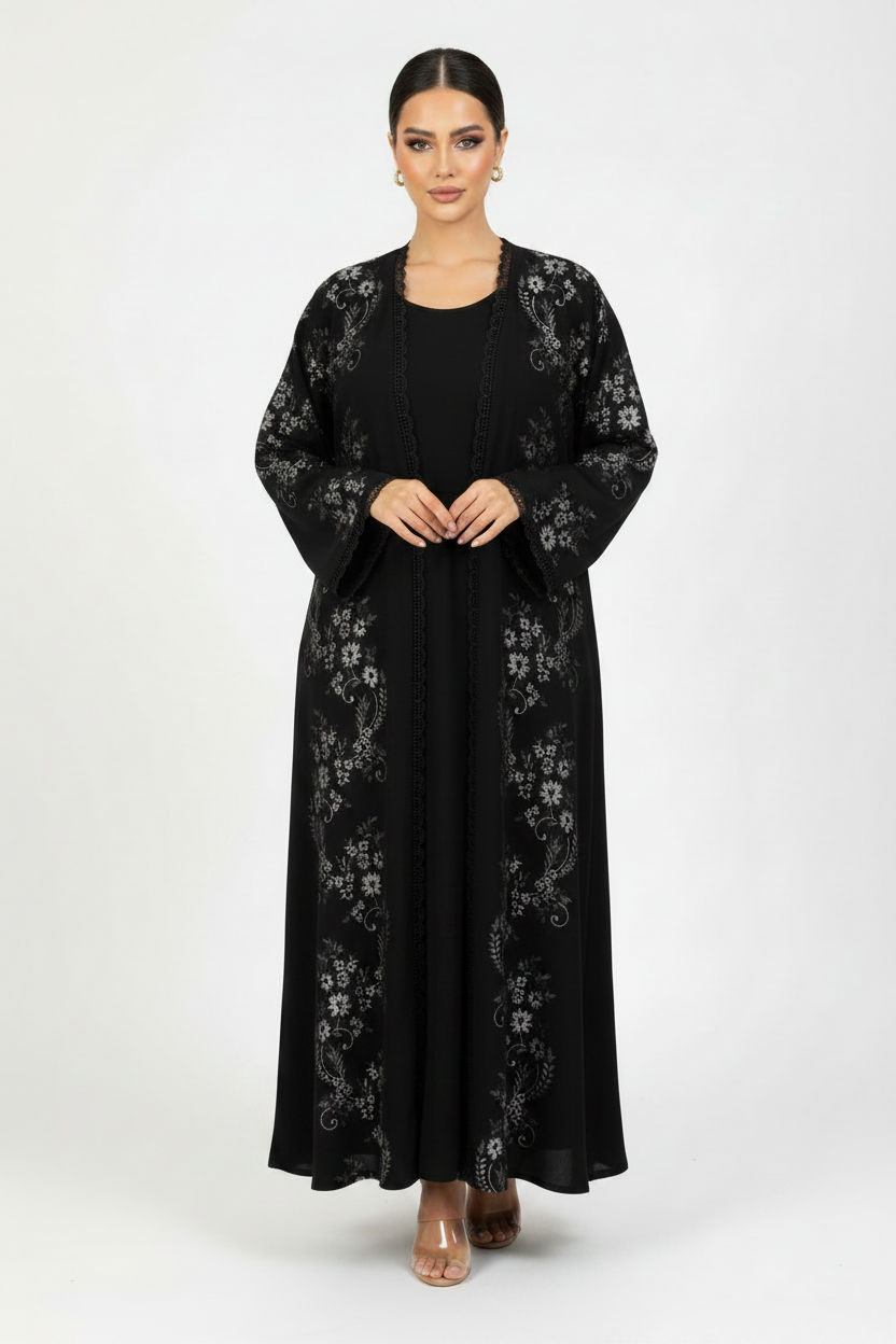 C 2231-01 Black Silver Floral Abaya