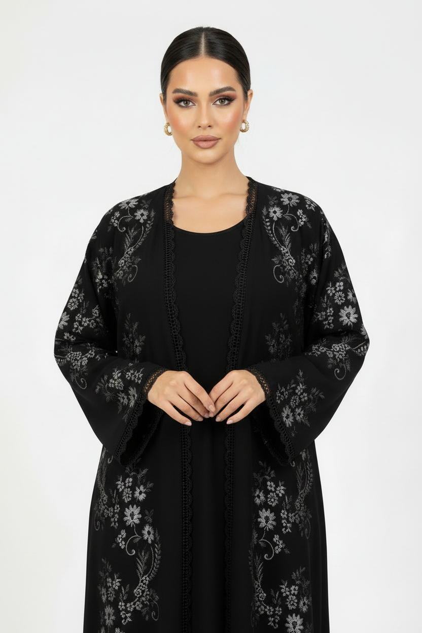 C 2231-01 Black Silver Floral Abaya