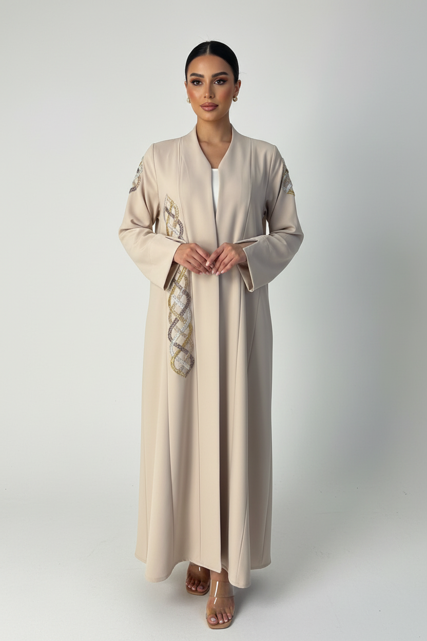 C 2232 Beige Beaded Abaya