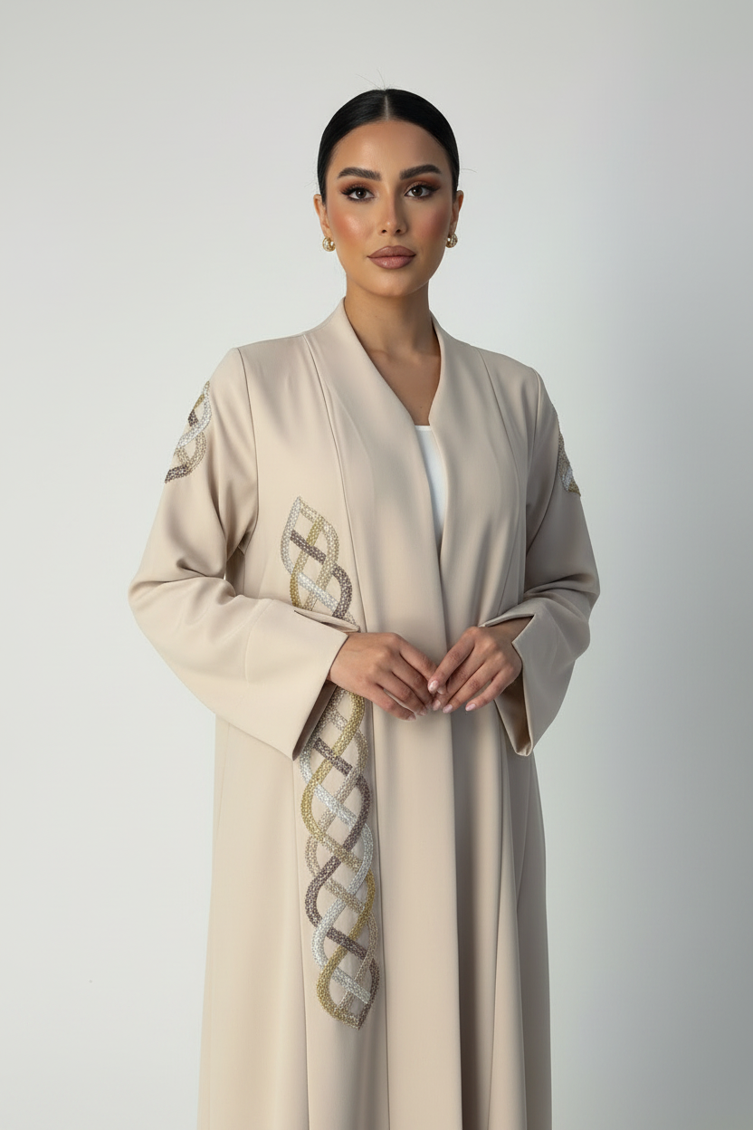 C 2232 Beige Beaded Abaya