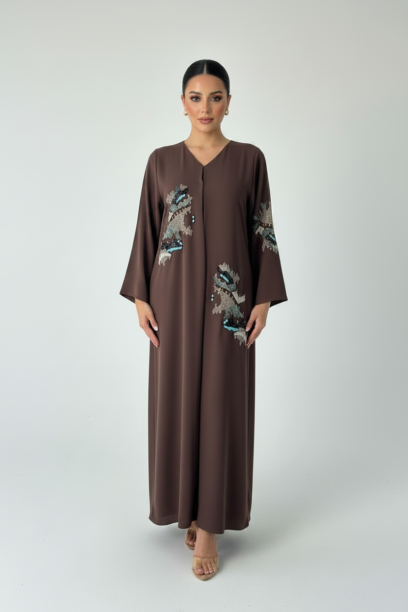 C 2233 Mocha Brown Beaded Abaya