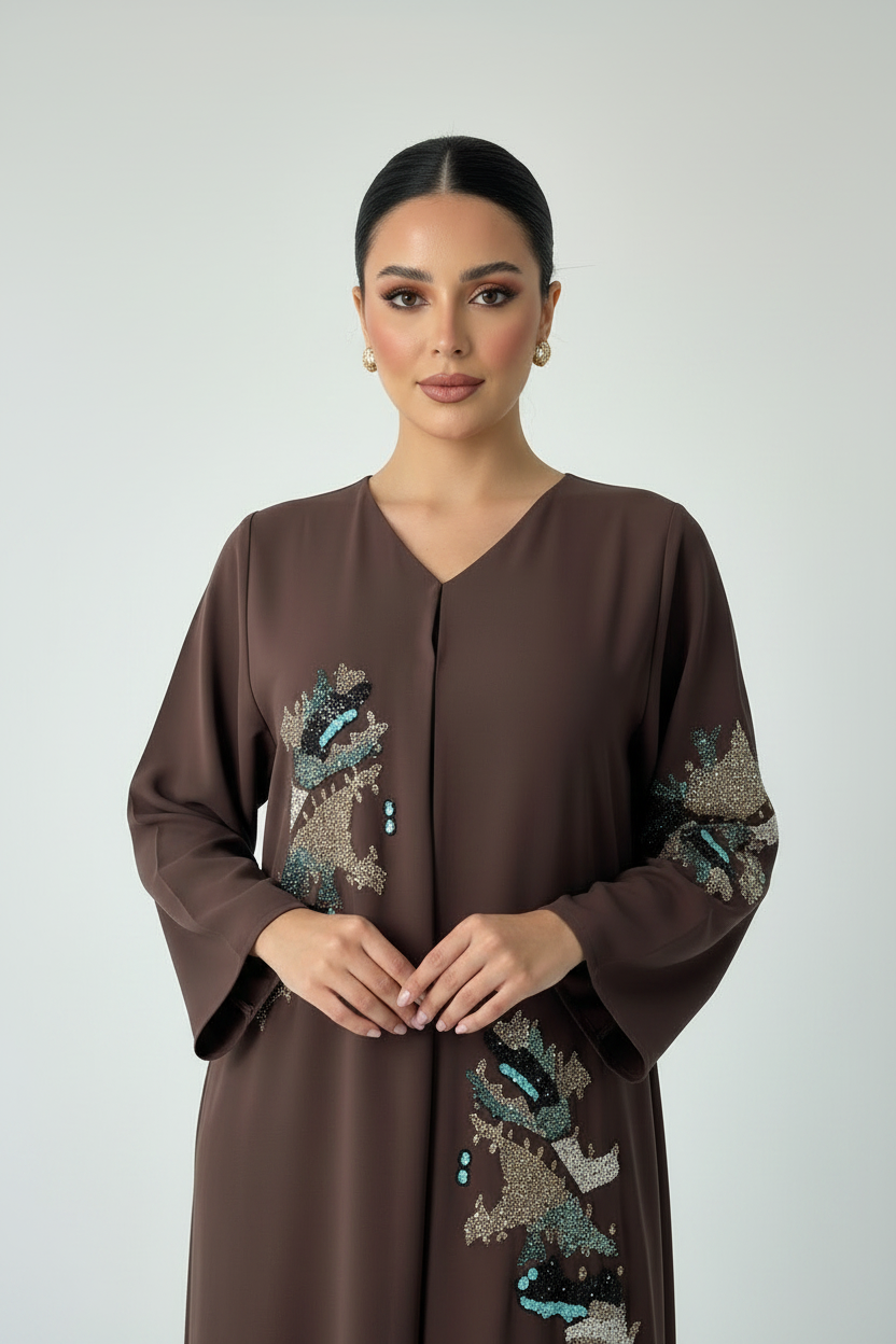 C 2233 Mocha Brown Beaded Abaya