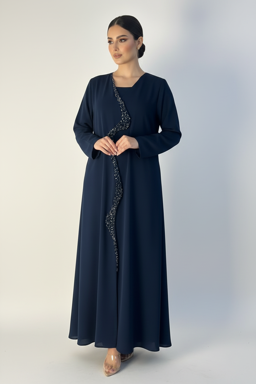 C 2234 Navy Blue Beaded Abaya