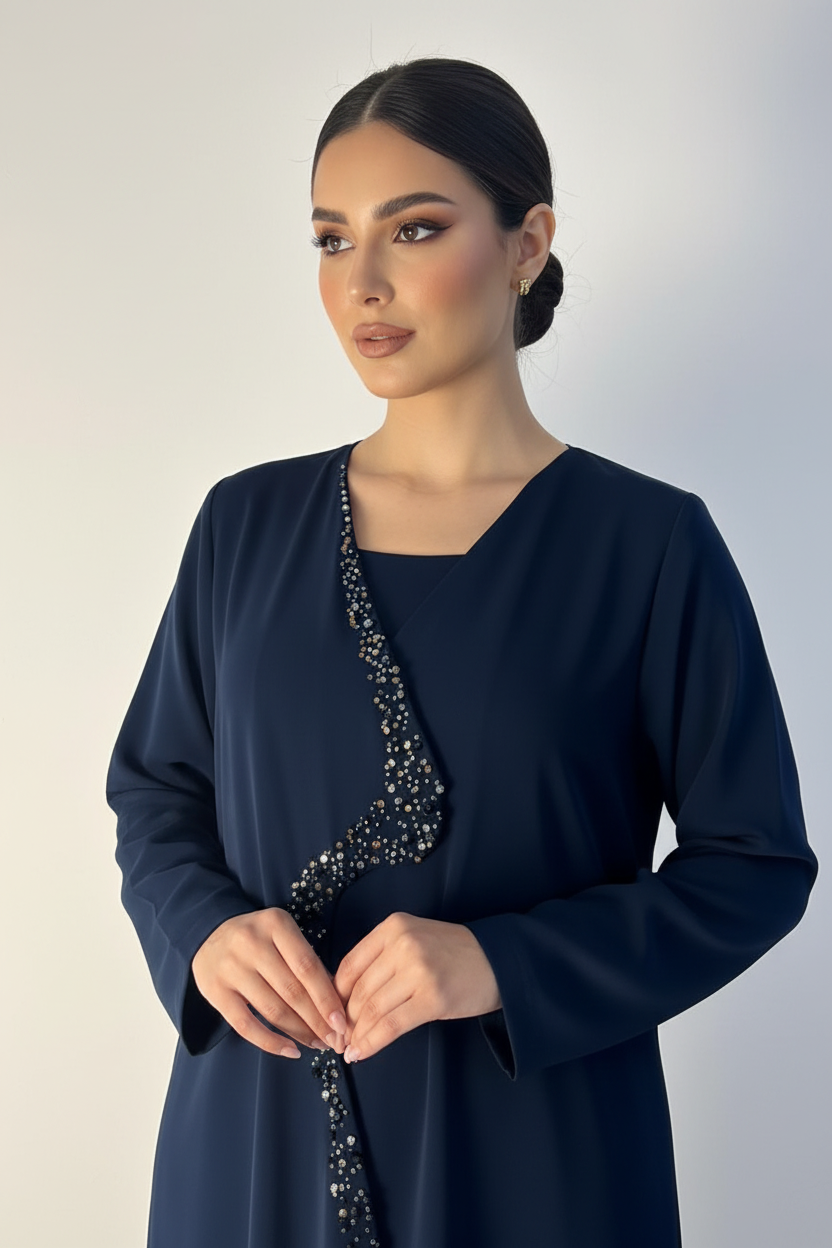 C 2234 Navy Blue Beaded Abaya