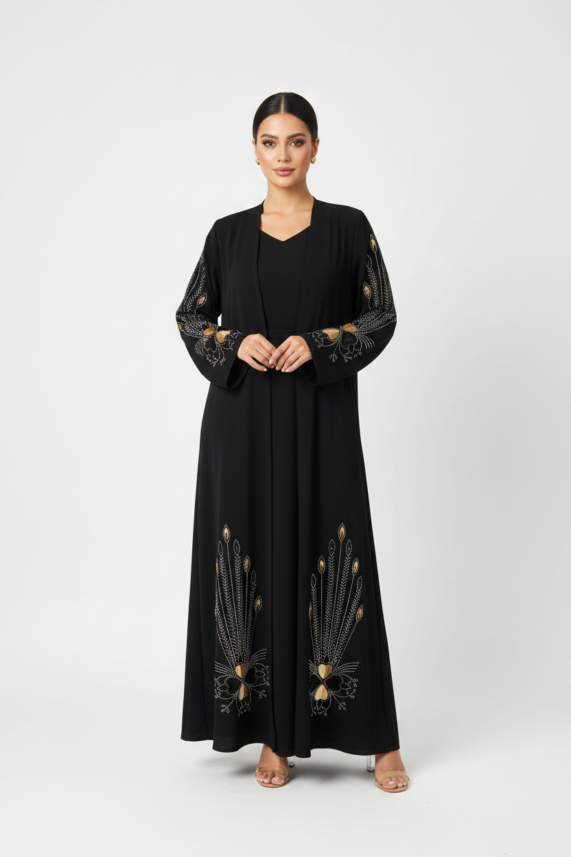C 2244-01 Black Brown Beaded Abaya