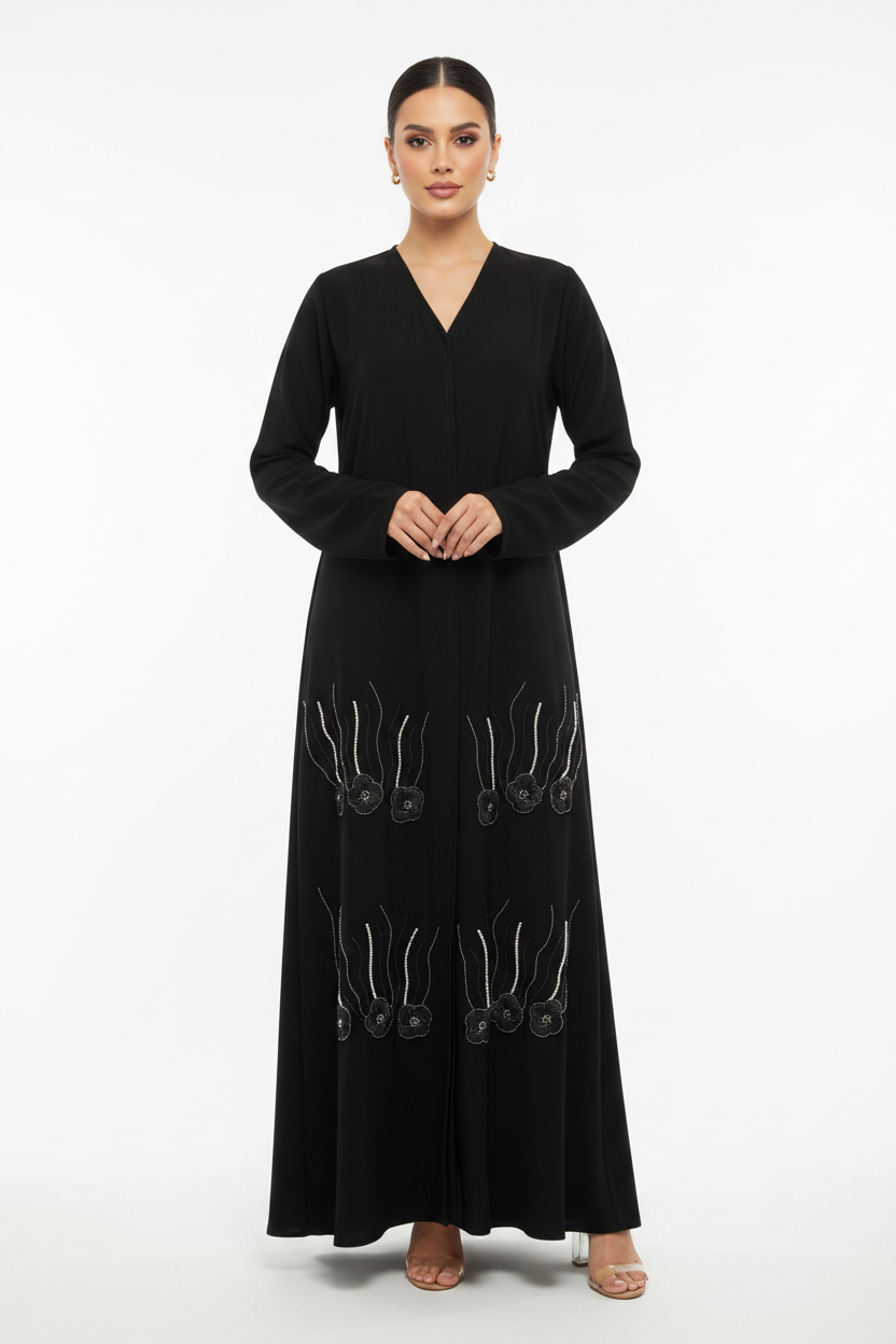 C 2245 Black Floral Beaded Abaya