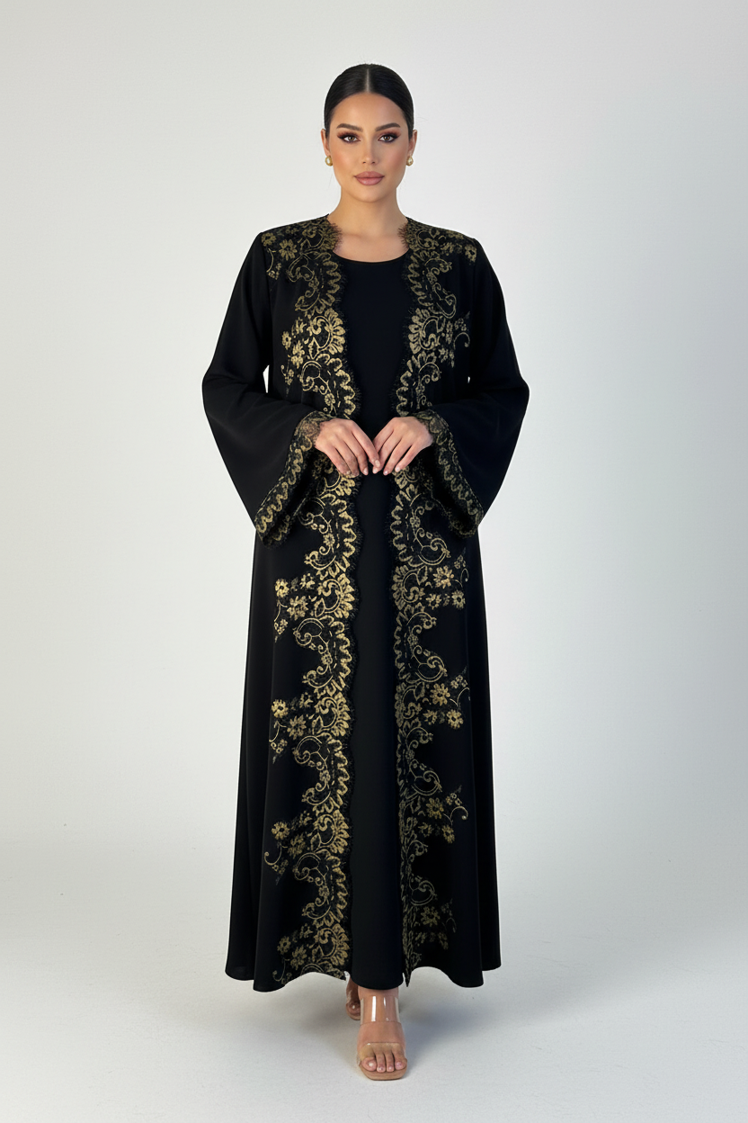 C 2250 Black Gold Lace Abaya