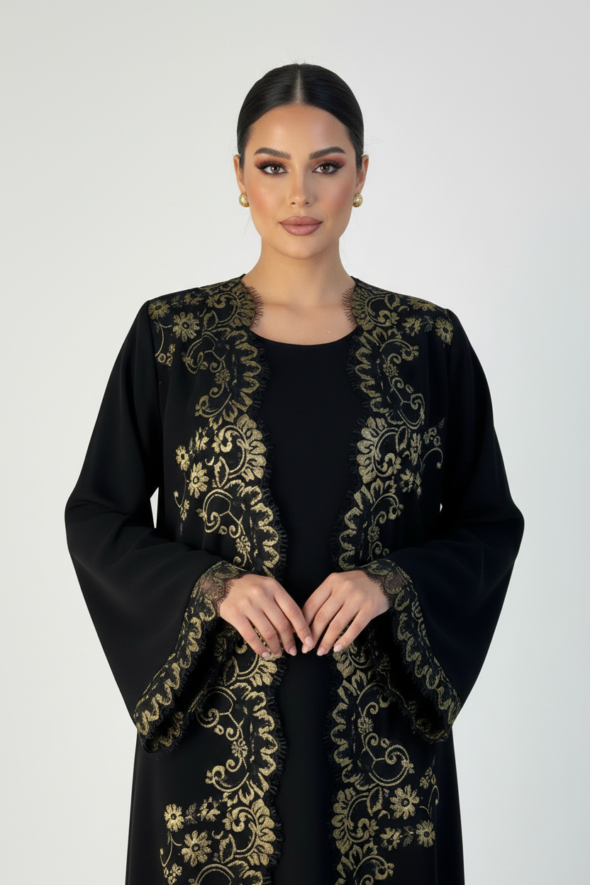 C 2250 Black Gold Lace Abaya