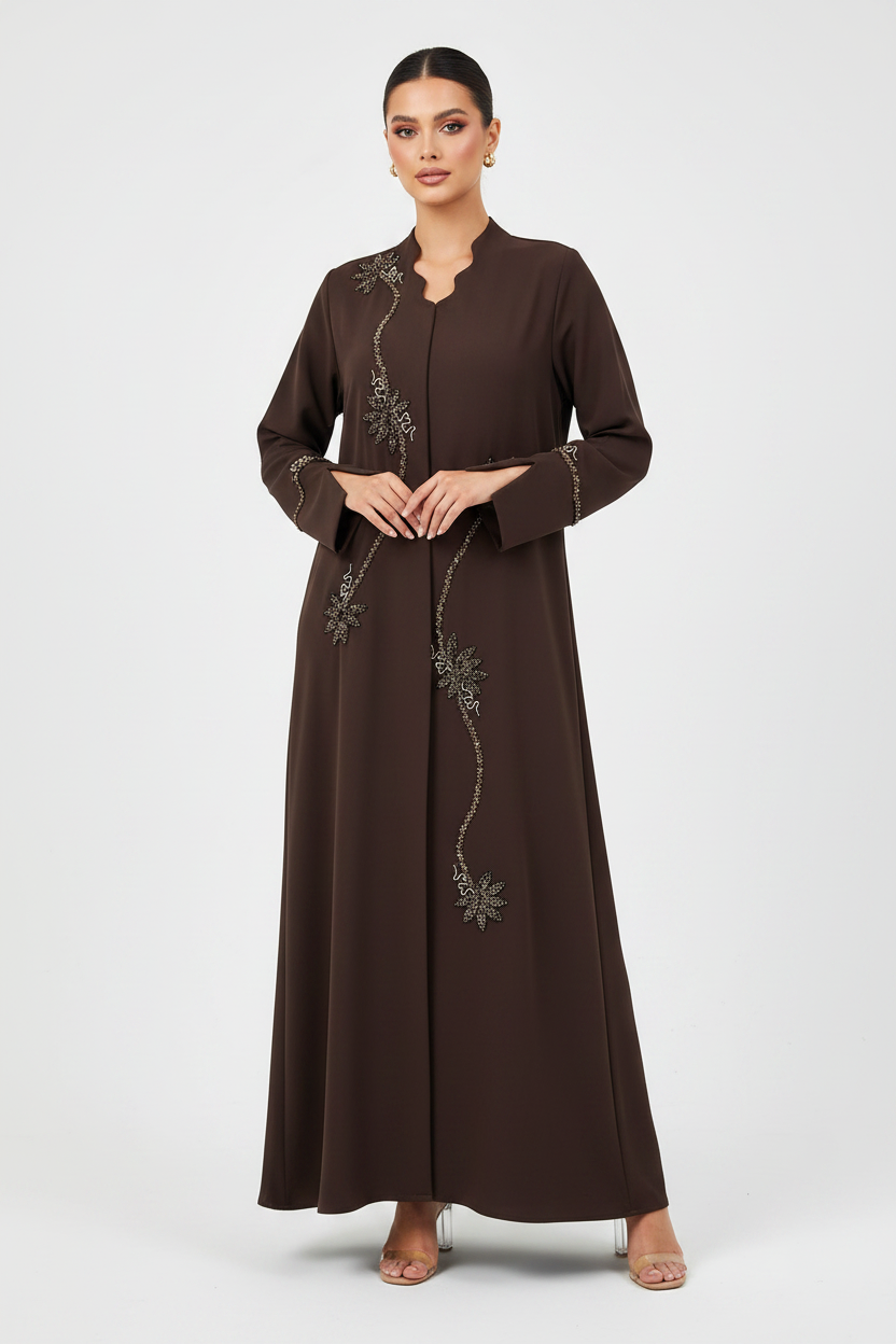 C 2253 Chocolate Brown Beaded Abaya