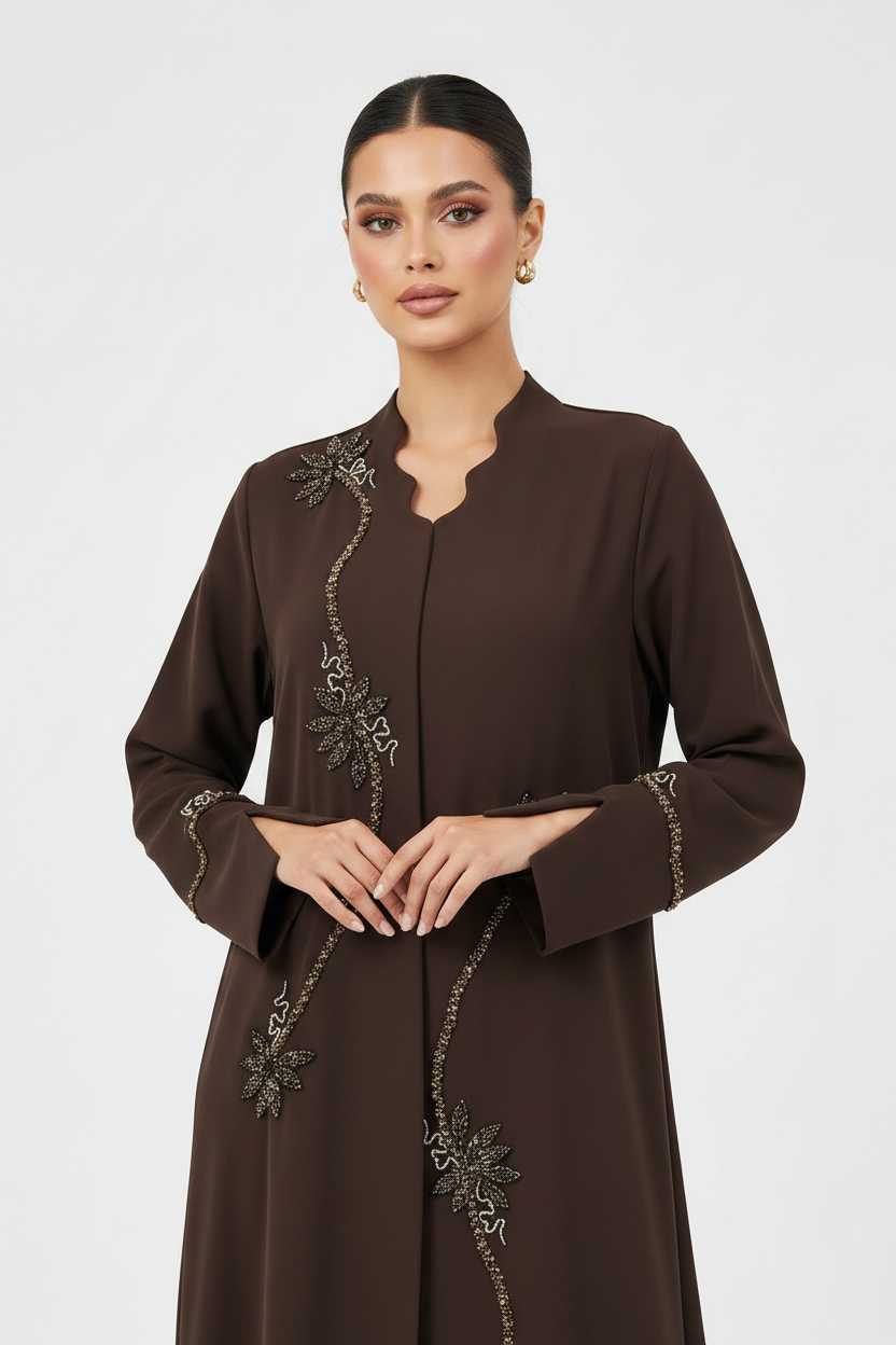 C 2253 Chocolate Brown Beaded Abaya