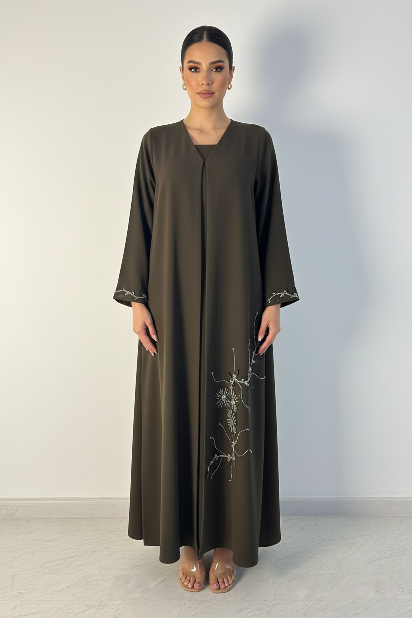 C 2255 Olive Green Beaded Abaya