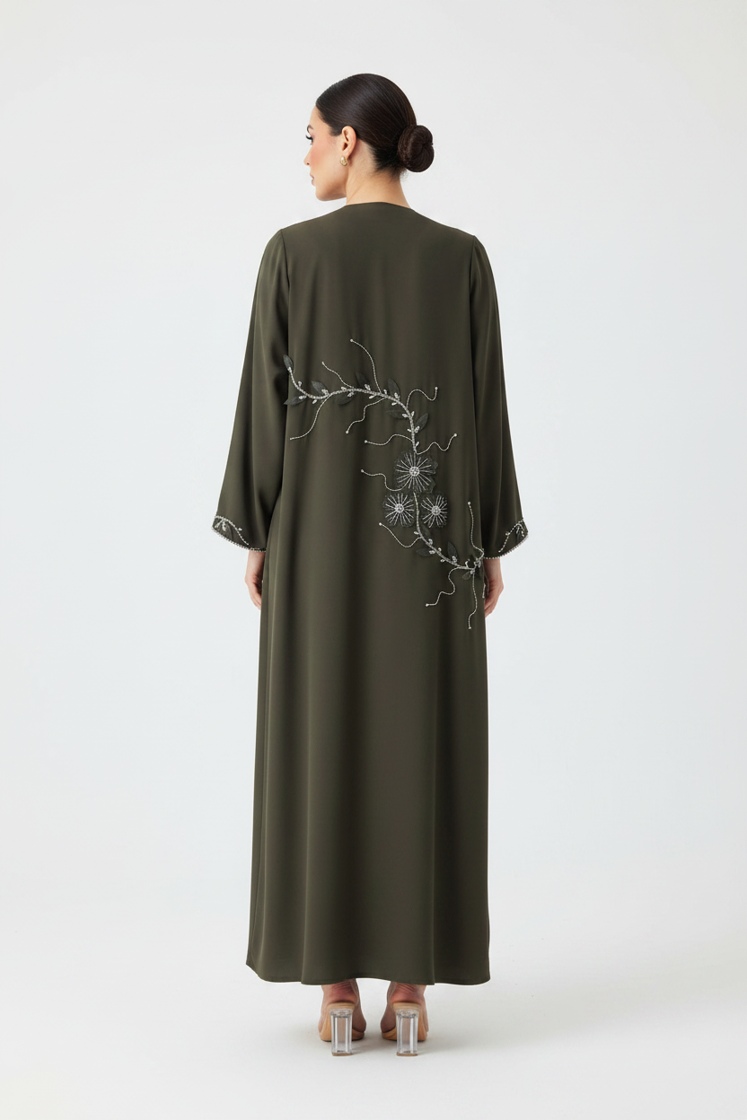 C 2255 Olive Green Beaded Abaya