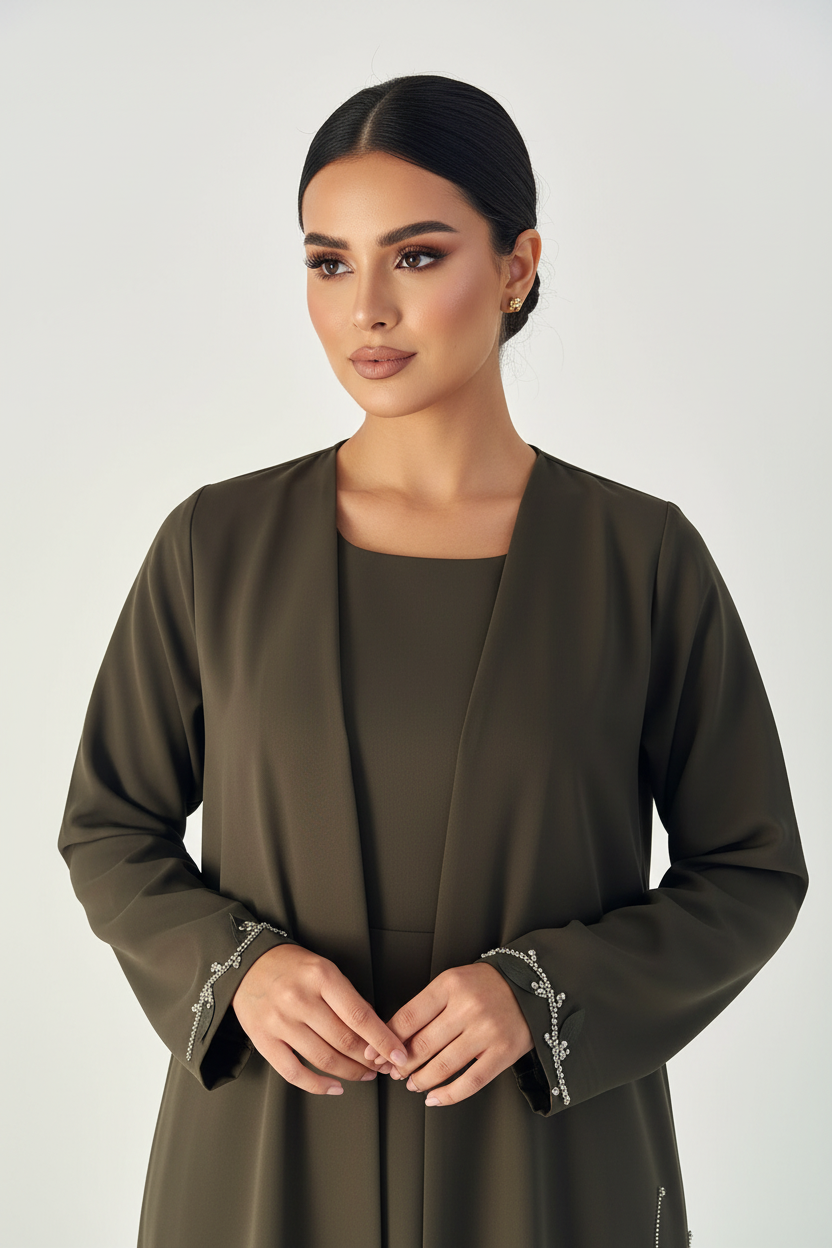 C 2255 Olive Green Beaded Abaya