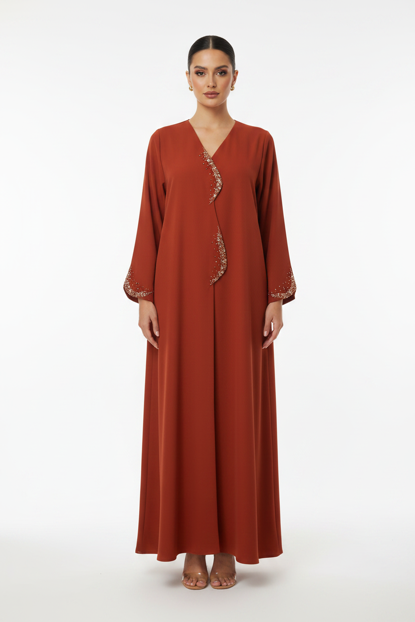 C 2256 Flame Orange Beaded Abaya