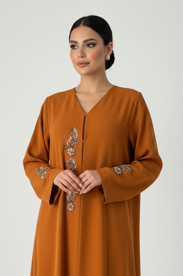 C 2258 Pumpkin Orange Beaded Abaya